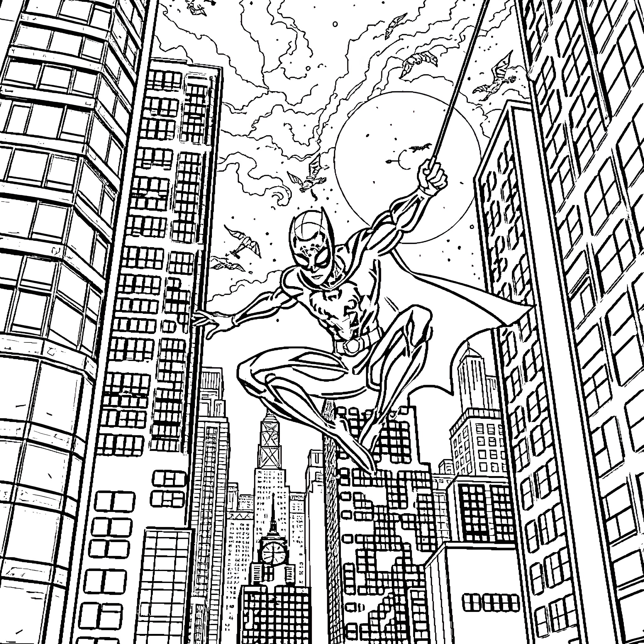 Nightwing soaring through the city skyline Coloring Page (free black-and-white line drawing printable PDF for all, from beginners to advanced learners, including children, teens, adults, and seniors)