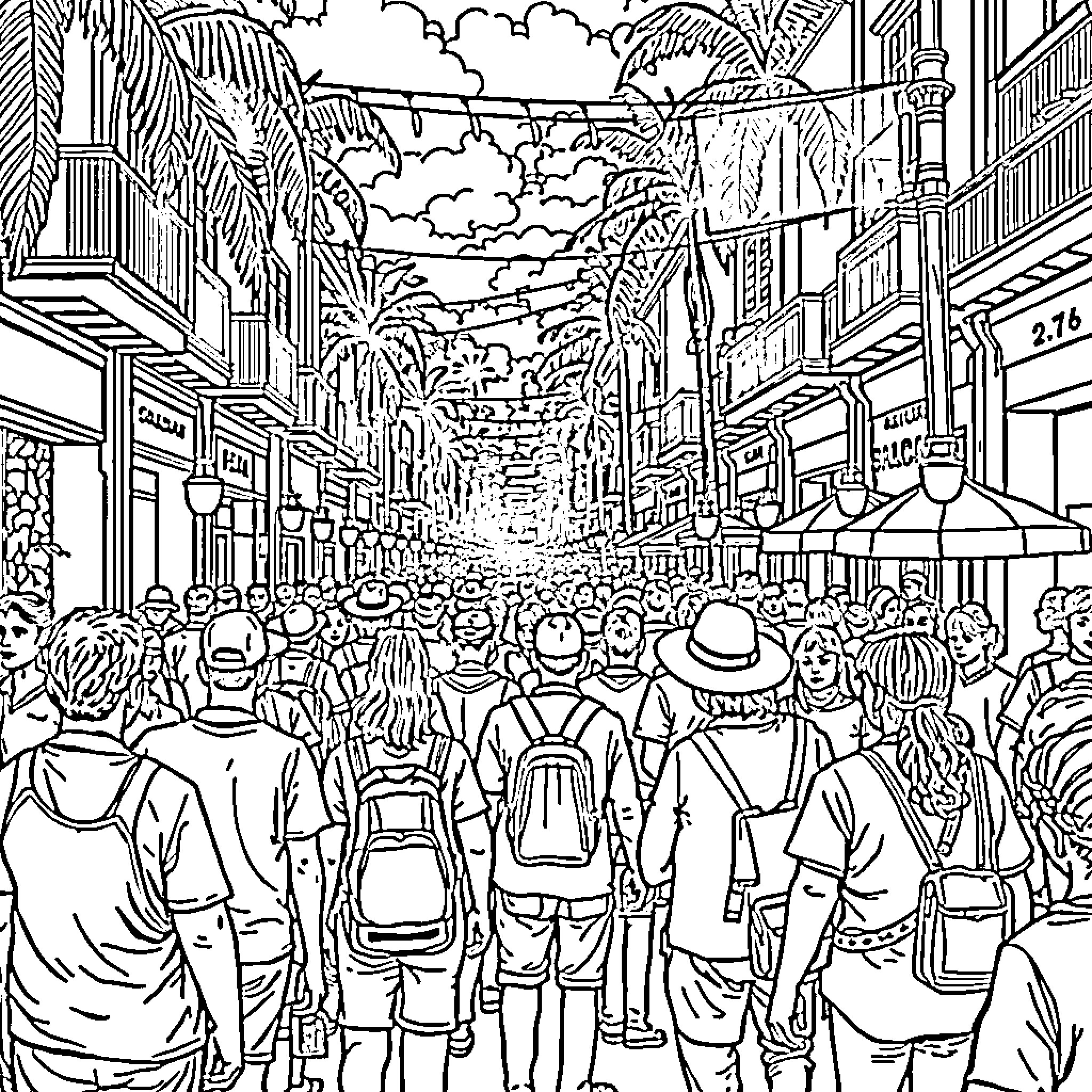 Salvadoran Crowded Street Scene with Shops and Pedestrians Coloring Page (free black-and-white line drawing printable PDF for all, from beginners to advanced learners, including children, teens, adults, and seniors)