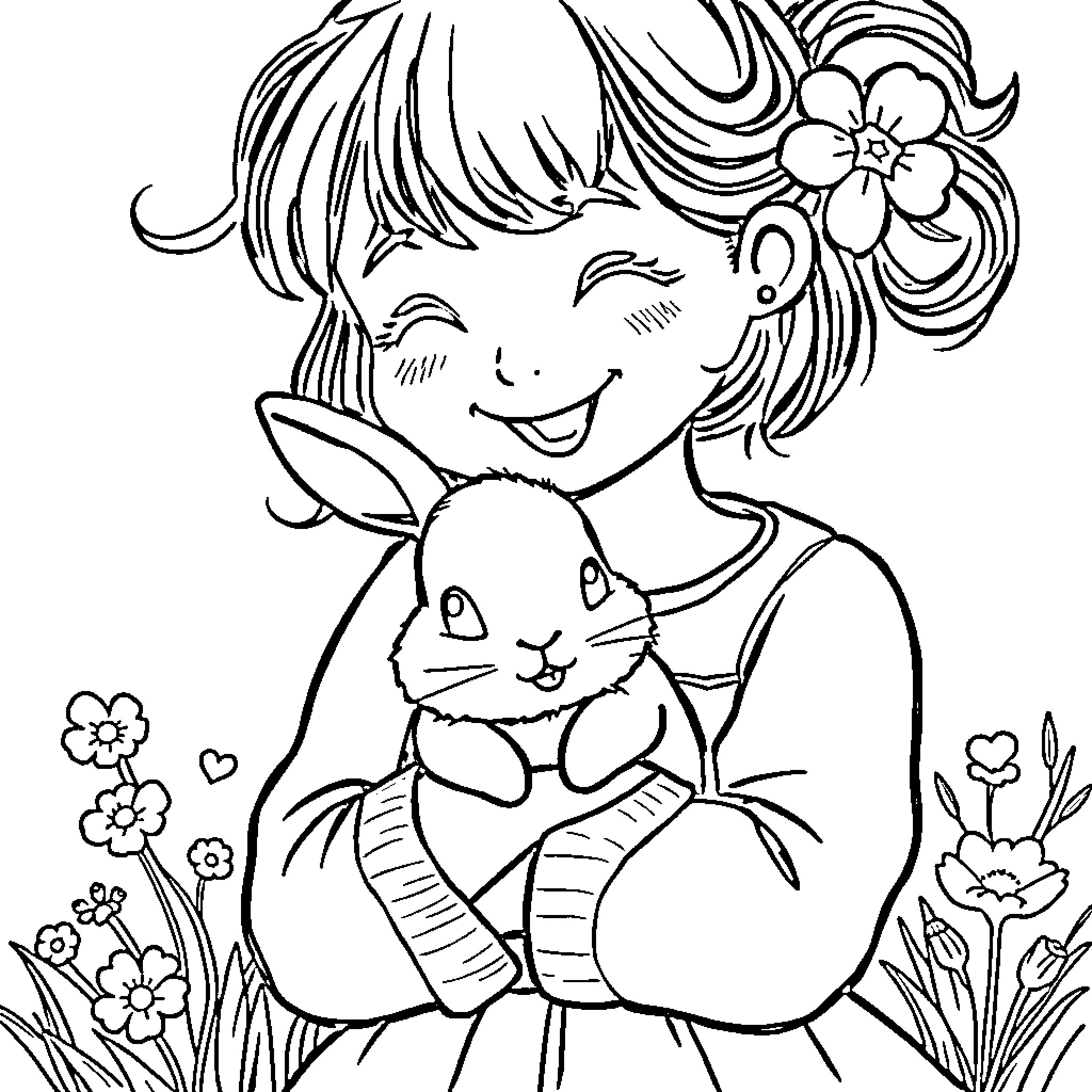 Girl embracing a happy bunny in a floral garden Coloring Page (free black-and-white line drawing printable PDF for all, from beginners to advanced learners, including children, teens, adults, and seniors)