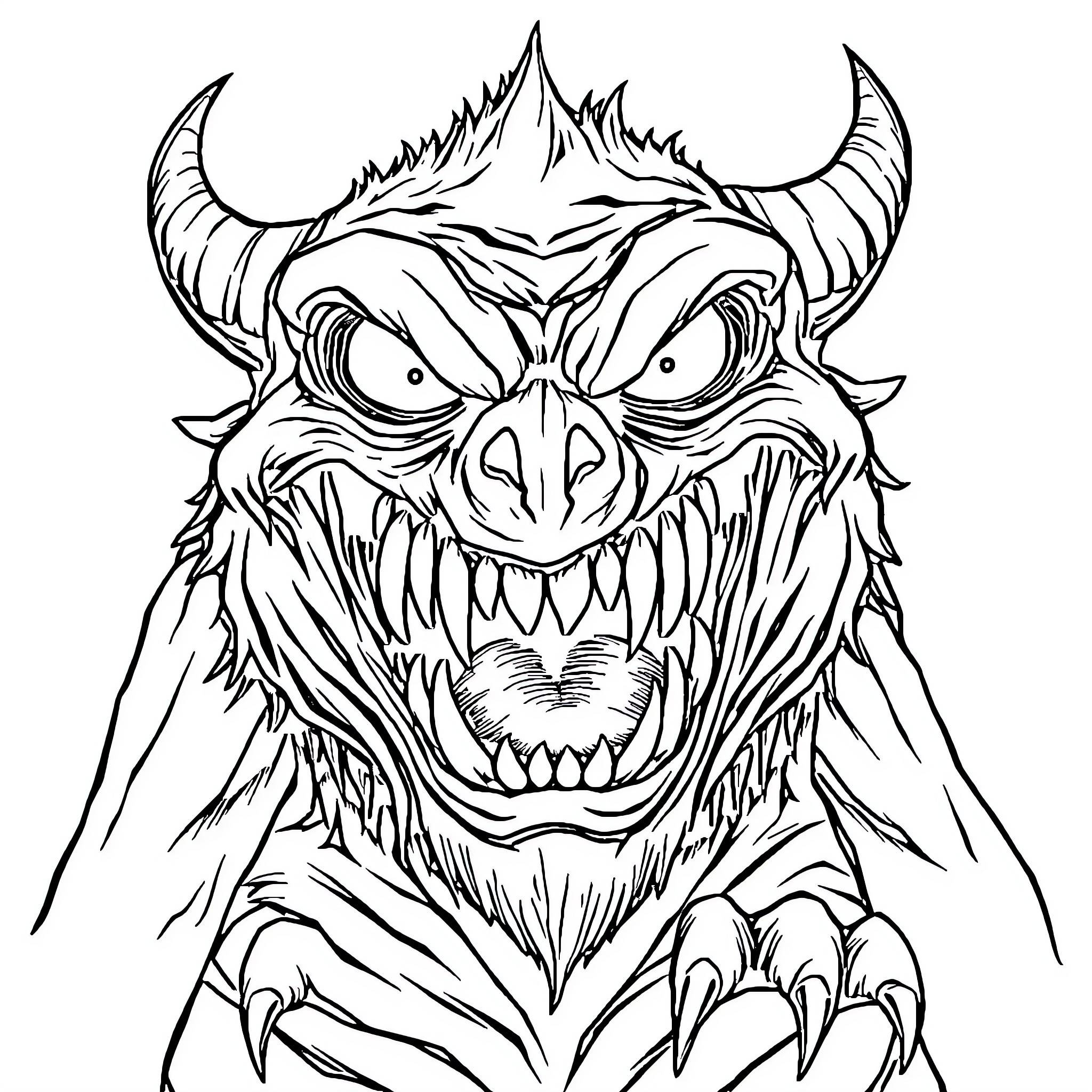 Monster with Ferocious Facial Features and Claws Coloring Page (free black-and-white line drawing printable PDF for all, from beginners to advanced learners, including children, teens, adults, and seniors)
