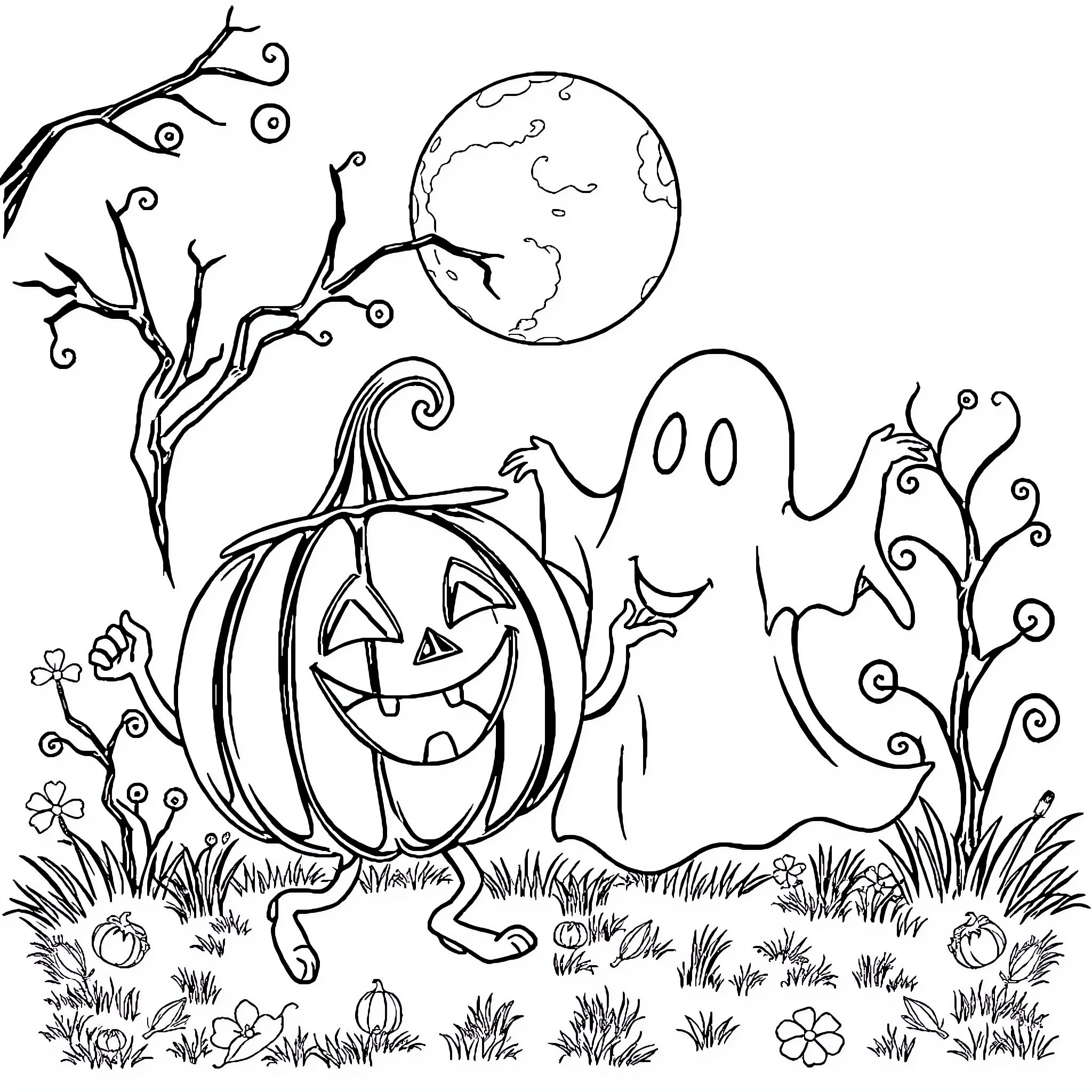 Pumpkin, Ghost, and Spooky Scenery Coloring Page (free black-and-white line drawing printable PDF for all, from beginners to advanced learners, including children, teens, adults, and seniors)