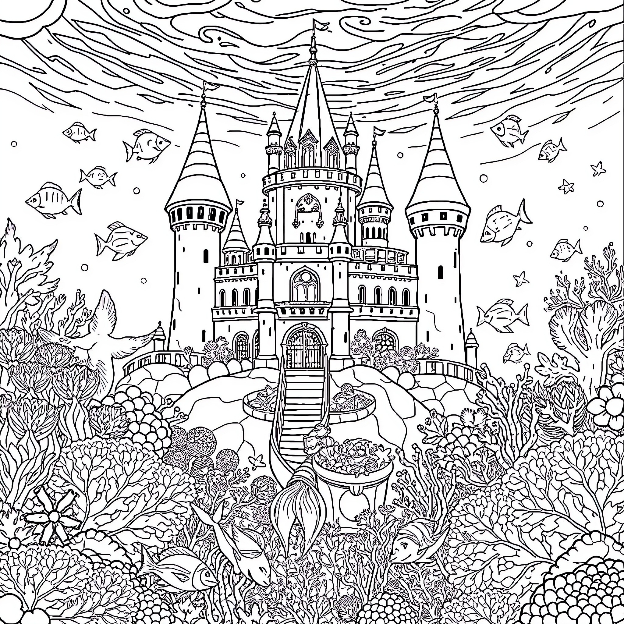 Mermaid Castle in the Underwater Wonderland Coloring Page (free black-and-white line drawing printable PDF for all, from beginners to advanced learners, including children, teens, adults, and seniors)