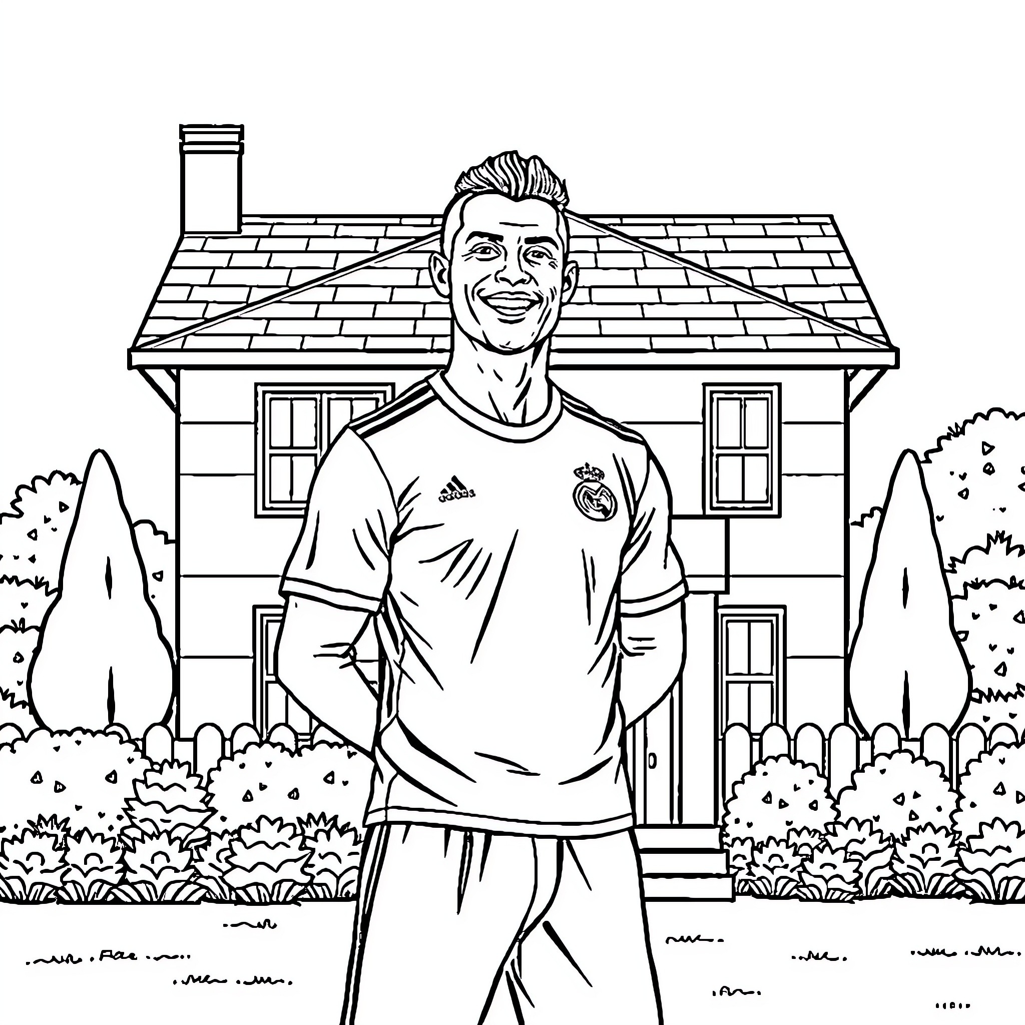 Cristiano Ronaldo posing in front of a house Coloring Page (free black-and-white line drawing printable PDF for all, from beginners to advanced learners, including children, teens, adults, and seniors)