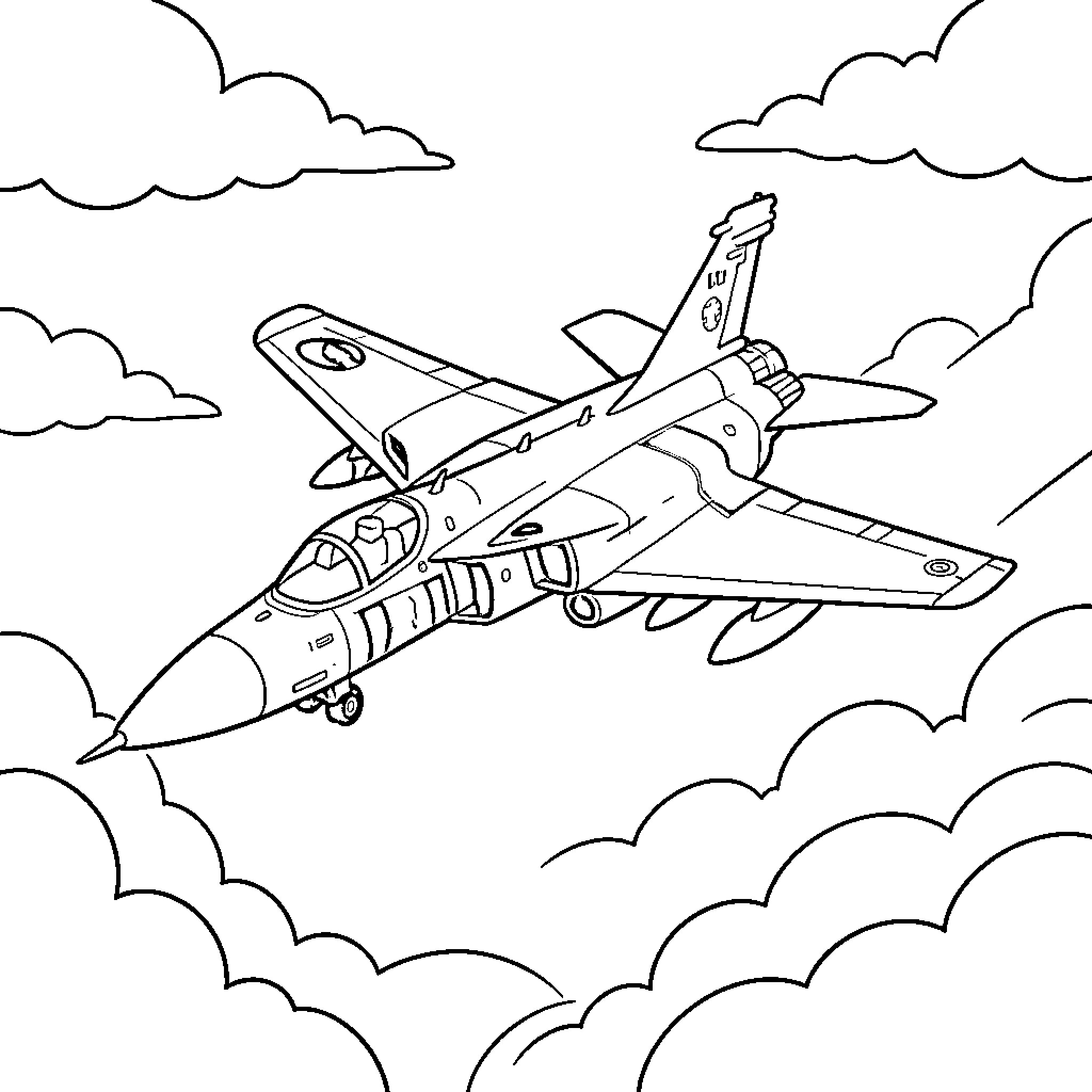 Alphajet fighter jet soaring through cloudy skies Coloring Page (free black-and-white line drawing printable PDF for all, from beginners to advanced learners, including children, teens, adults, and seniors)