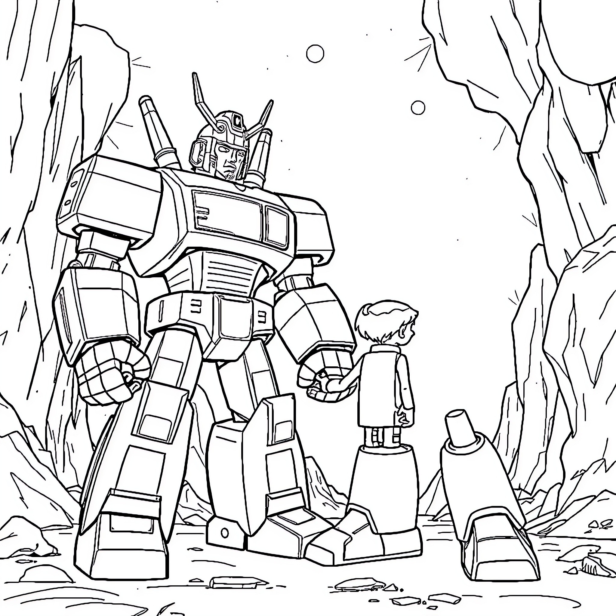Abbes' Encounter with Towering Mech in Rugged Terrain Coloring Page (free black-and-white line drawing printable PDF for all, from beginners to advanced learners, including children, teens, adults, and seniors)