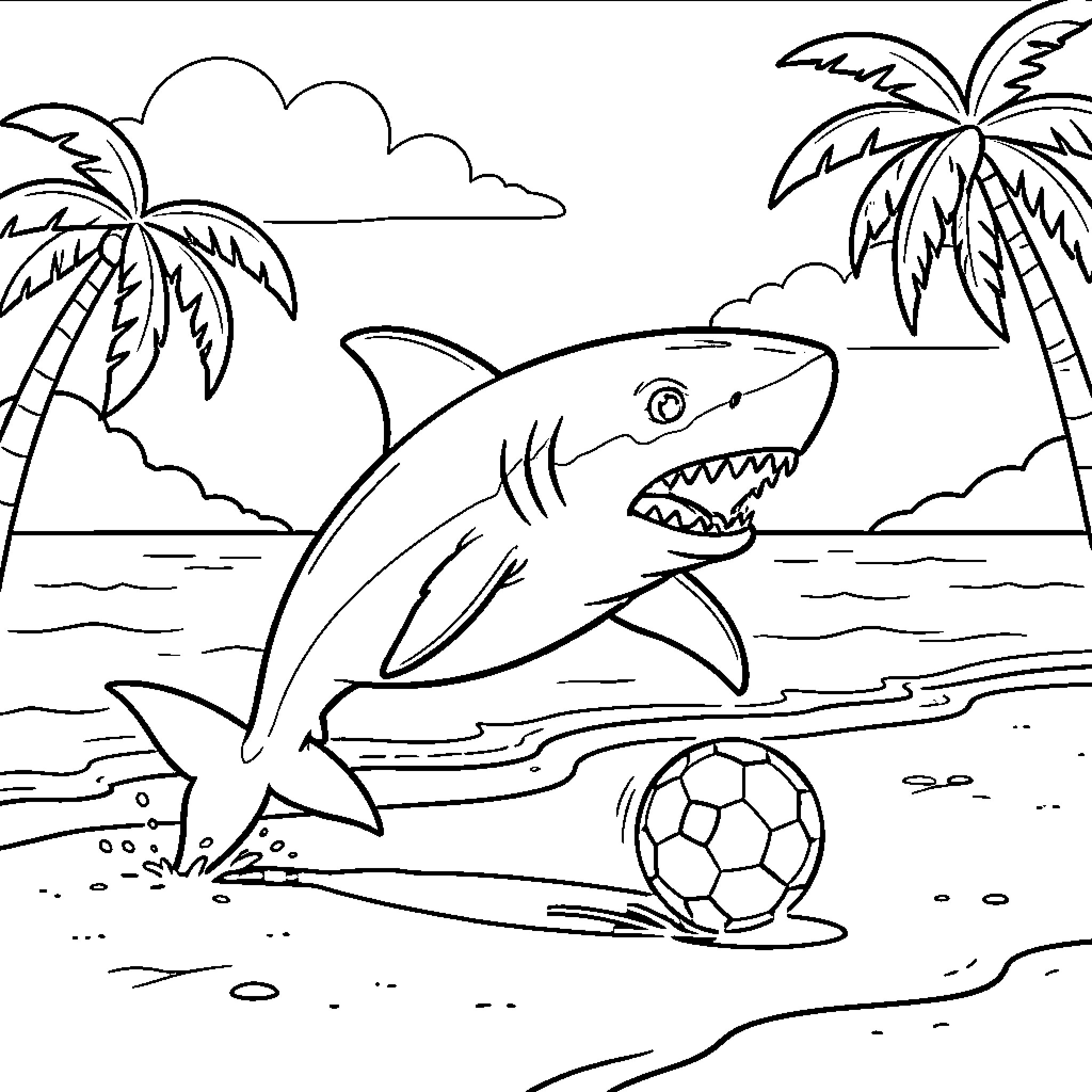 Shark playing with soccer ball on beach Coloring Page (free black-and-white line drawing printable PDF for all, from beginners to advanced learners, including children, teens, adults, and seniors)