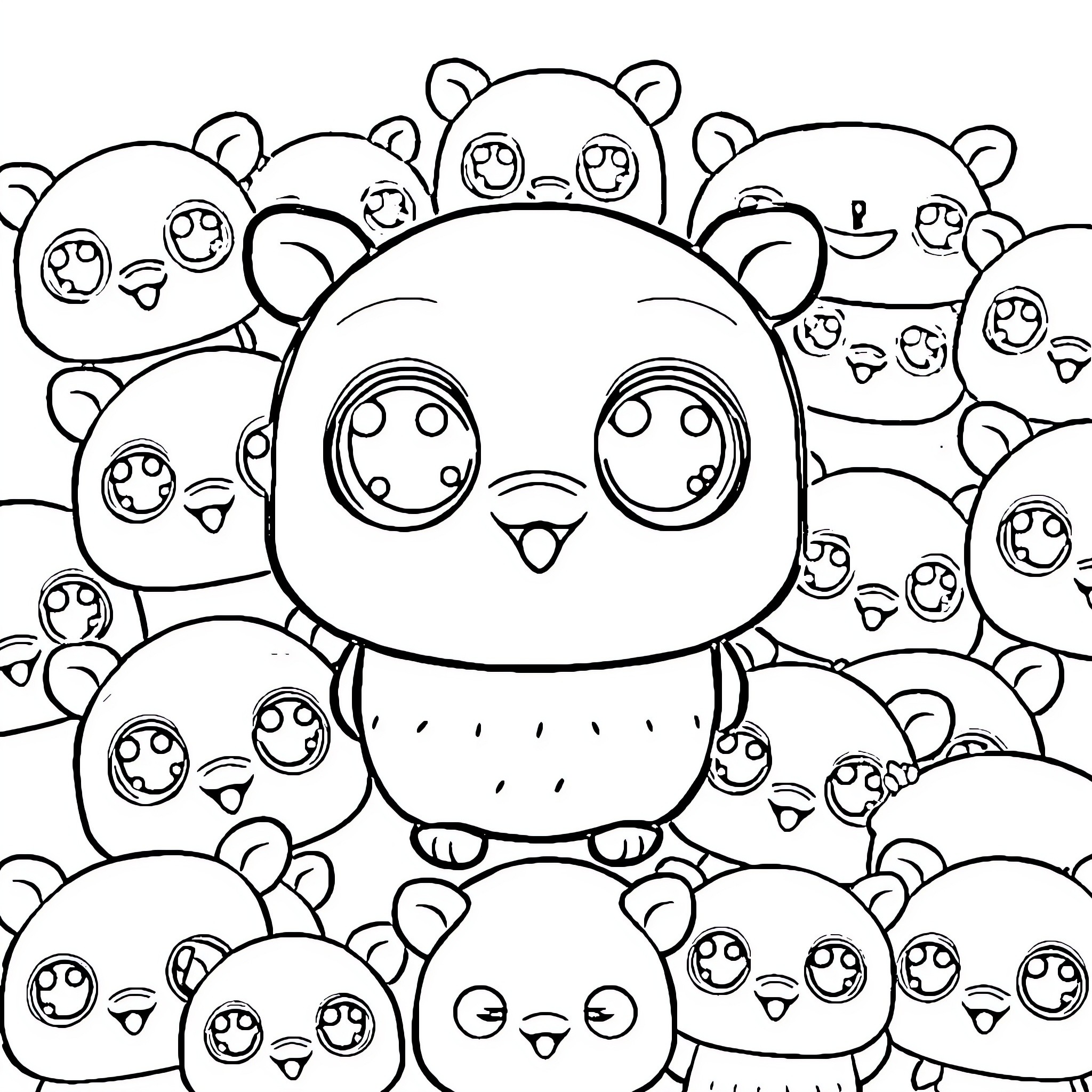 Labubu and Cute Cartoon Characters Coloring Page (free black-and-white line drawing printable PDF for all, from beginners to advanced learners, including children, teens, adults, and seniors)