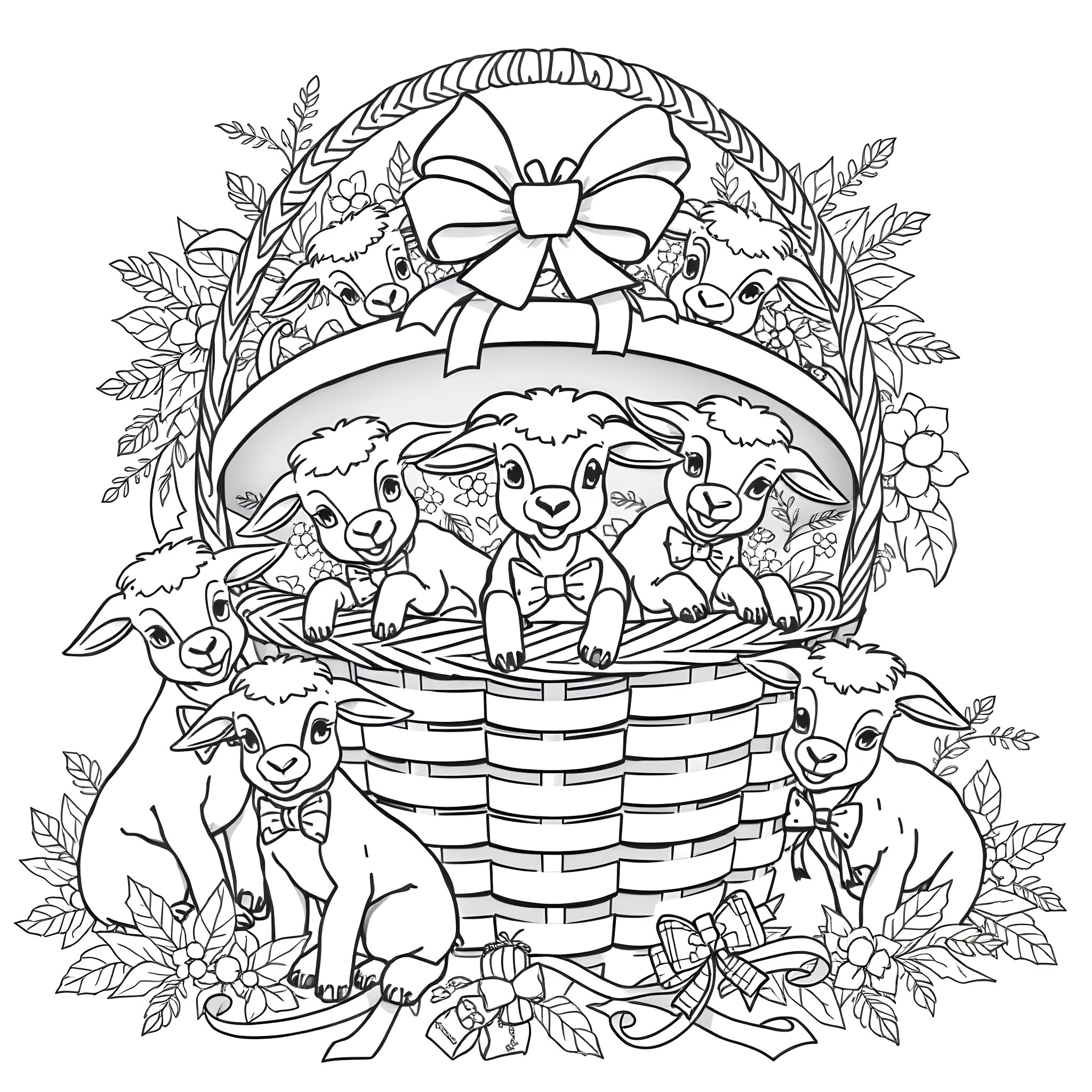 Goats in a basket with floral wreath Coloring Page (free black-and-white line drawing printable PDF for all, from beginners to advanced learners, including children, teens, adults, and seniors)