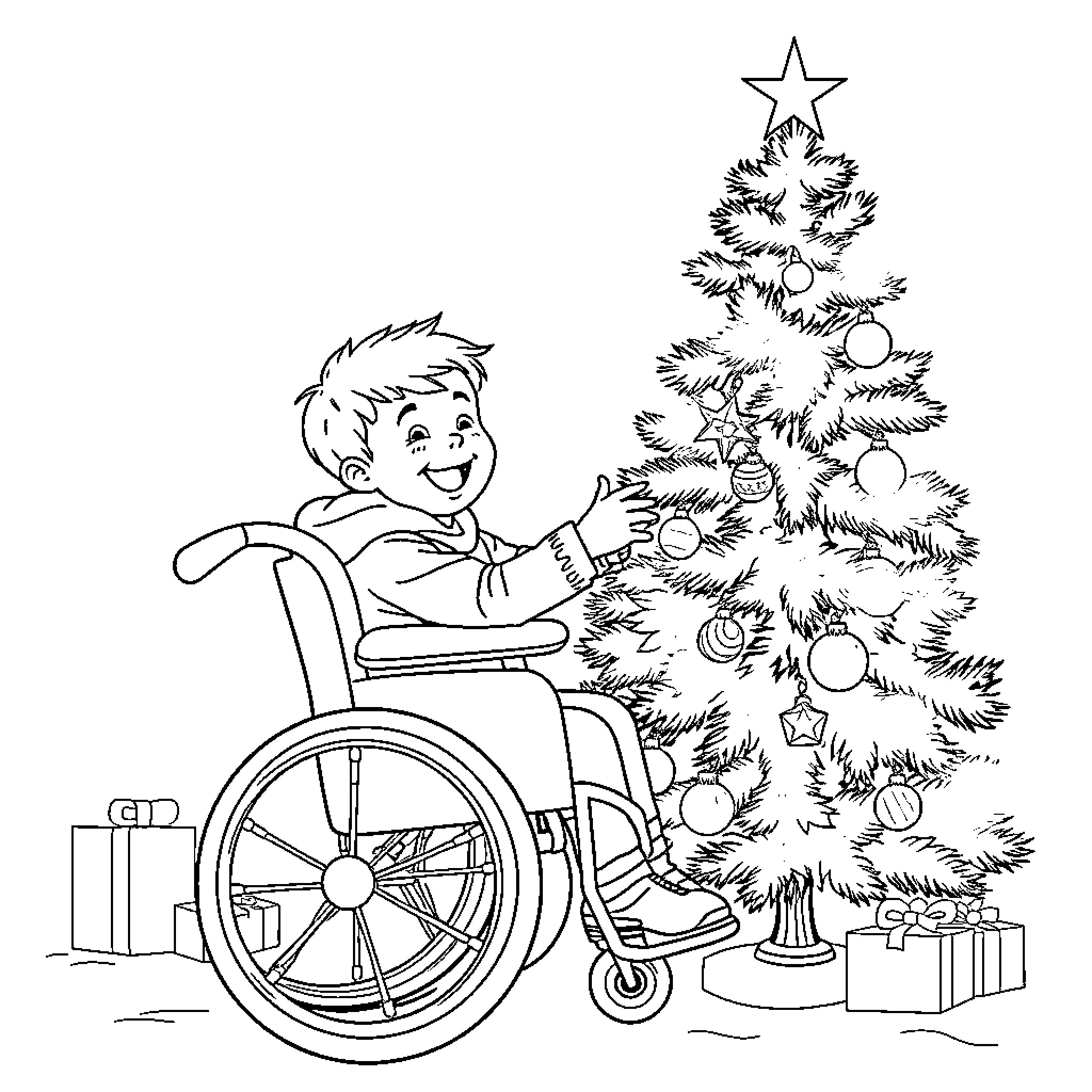 Child in wheelchair decorating Christmas tree Coloring Page (free black-and-white line drawing printable PDF for all, from beginners to advanced learners, including children, teens, adults, and seniors)