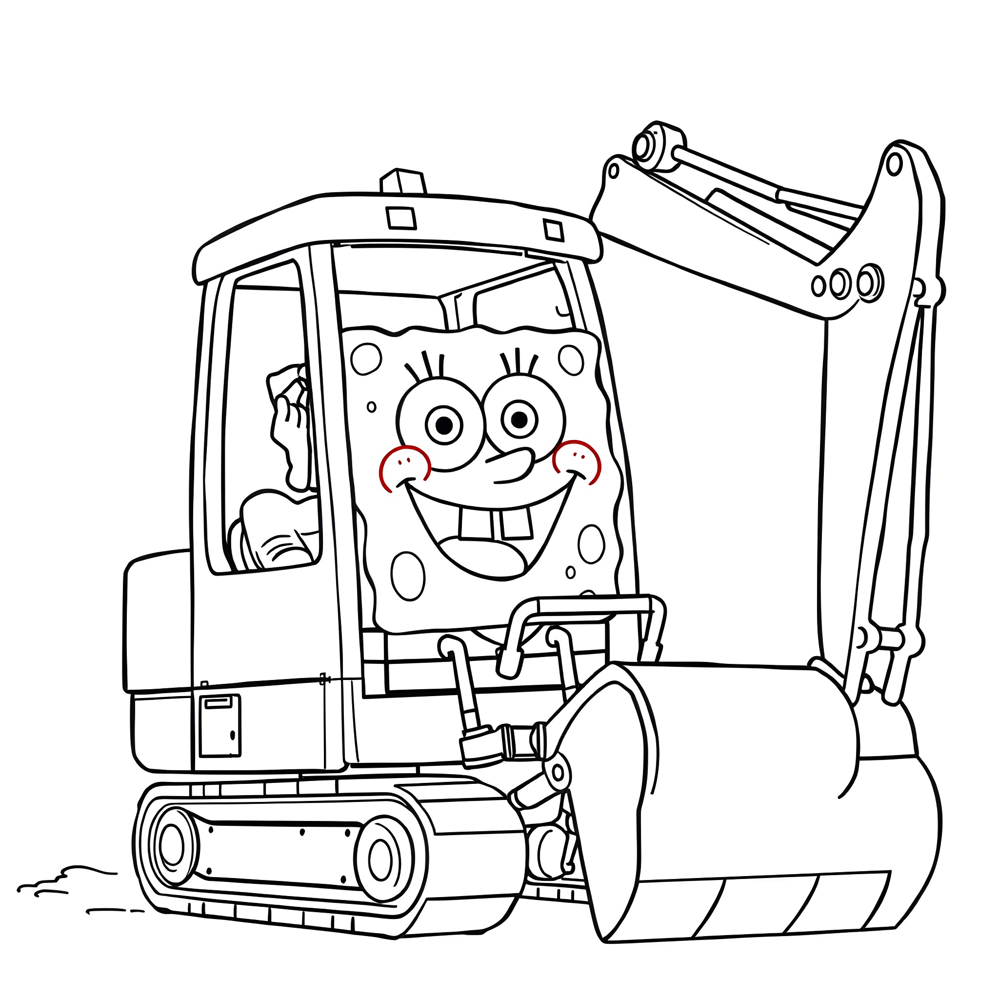 Spongebob operating a construction excavator with enthusiasm Coloring Page (free black-and-white line drawing printable PDF for all, from beginners to advanced learners, including children, teens, adults, and seniors)