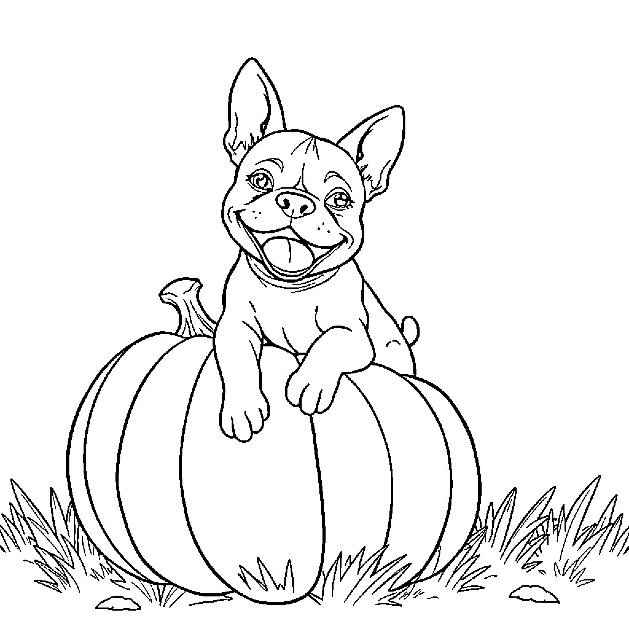 Pit Bull Pup Sitting Happily on Pumpkin Coloring Page (free black-and-white line drawing printable PDF for all, from beginners to advanced learners, including children, teens, adults, and seniors)