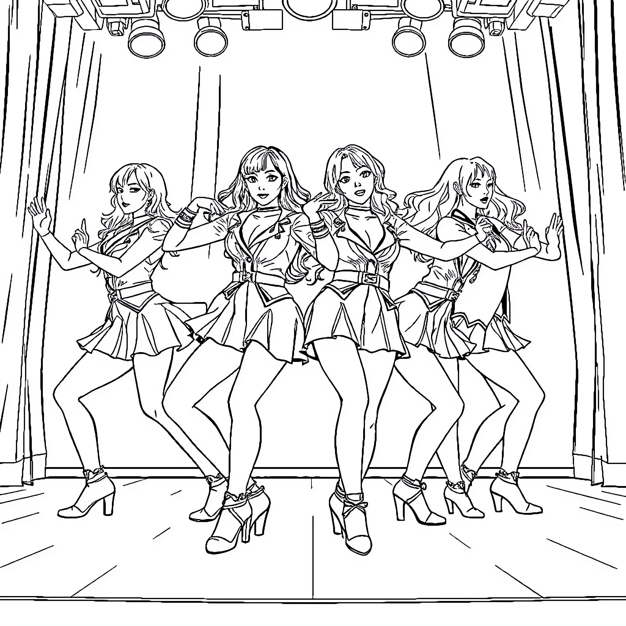 Kpop Warriors Fierce Stage Performance Coloring Page (free black-and-white line drawing printable PDF for all, from beginners to advanced learners, including children, teens, adults, and seniors)