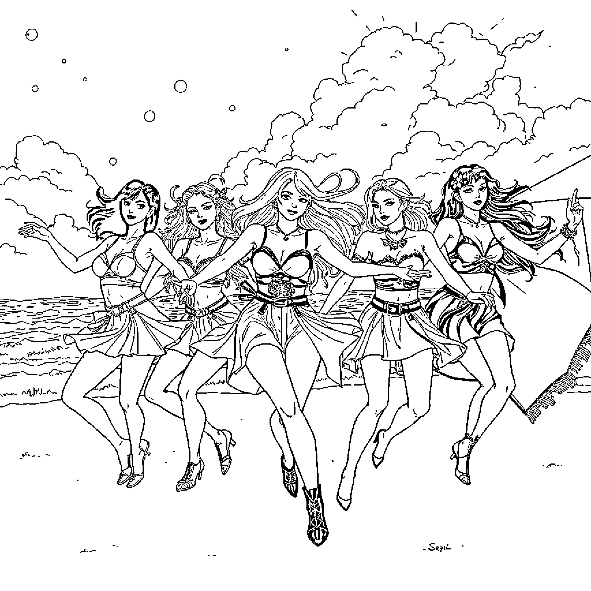 K-Pop Warriors Striking Dynamic Poses on the Beach Coloring Page (free black-and-white line drawing printable PDF for all, from beginners to advanced learners, including children, teens, adults, and seniors)