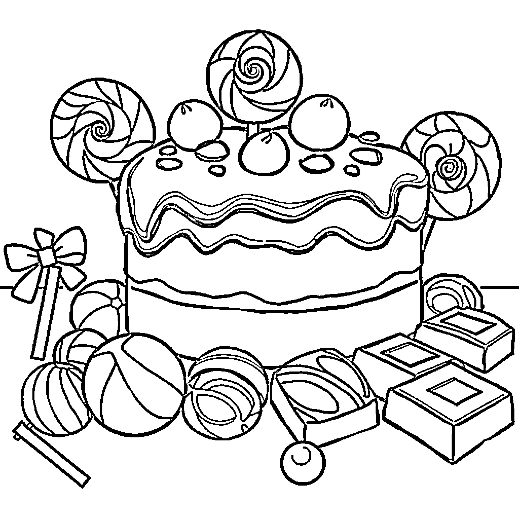 Candy-themed Dessert Presentation with Swirls and Treats Coloring Page (free black-and-white line drawing printable PDF for all, from beginners to advanced learners, including children, teens, adults, and seniors)