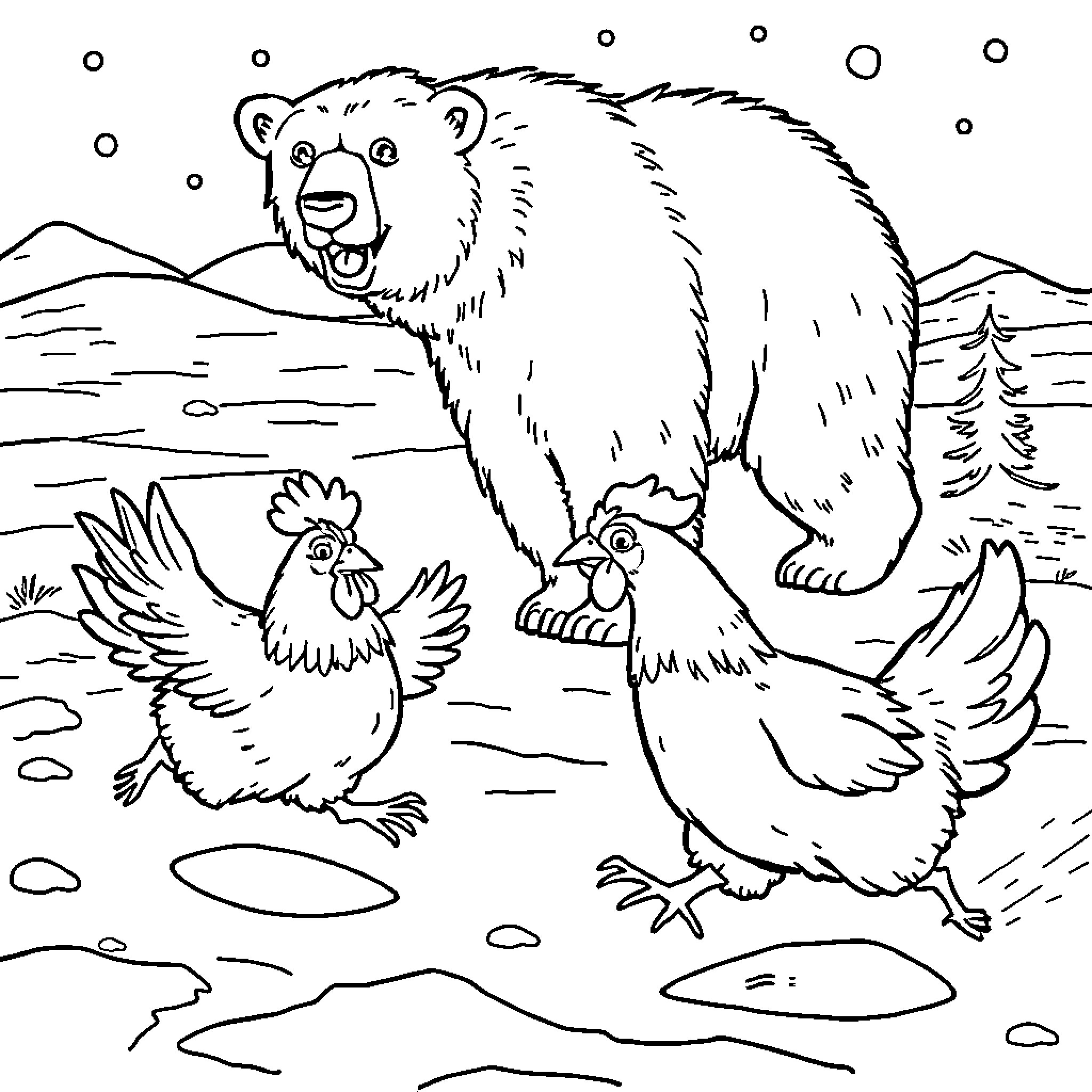 Chicken and Bear Enjoying Winter Landscape Coloring Page (free black-and-white line drawing printable PDF for all, from beginners to advanced learners, including children, teens, adults, and seniors)