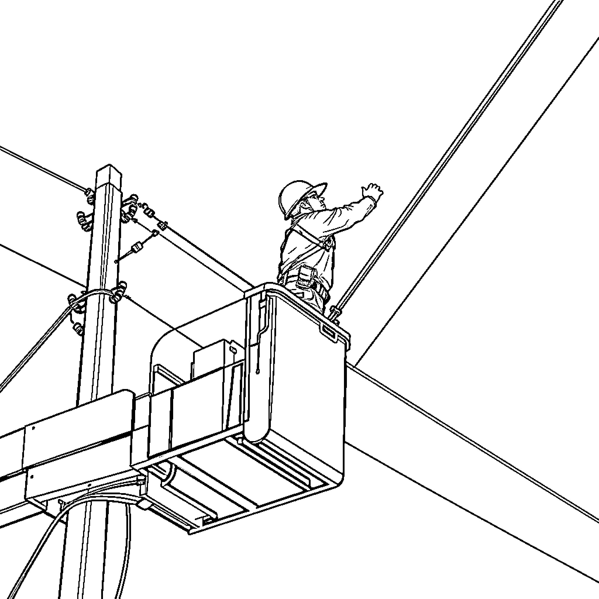 Electrician working on power lines in a bucket truck Coloring Page (free black-and-white line drawing printable PDF for all, from beginners to advanced learners, including children, teens, adults, and seniors)
