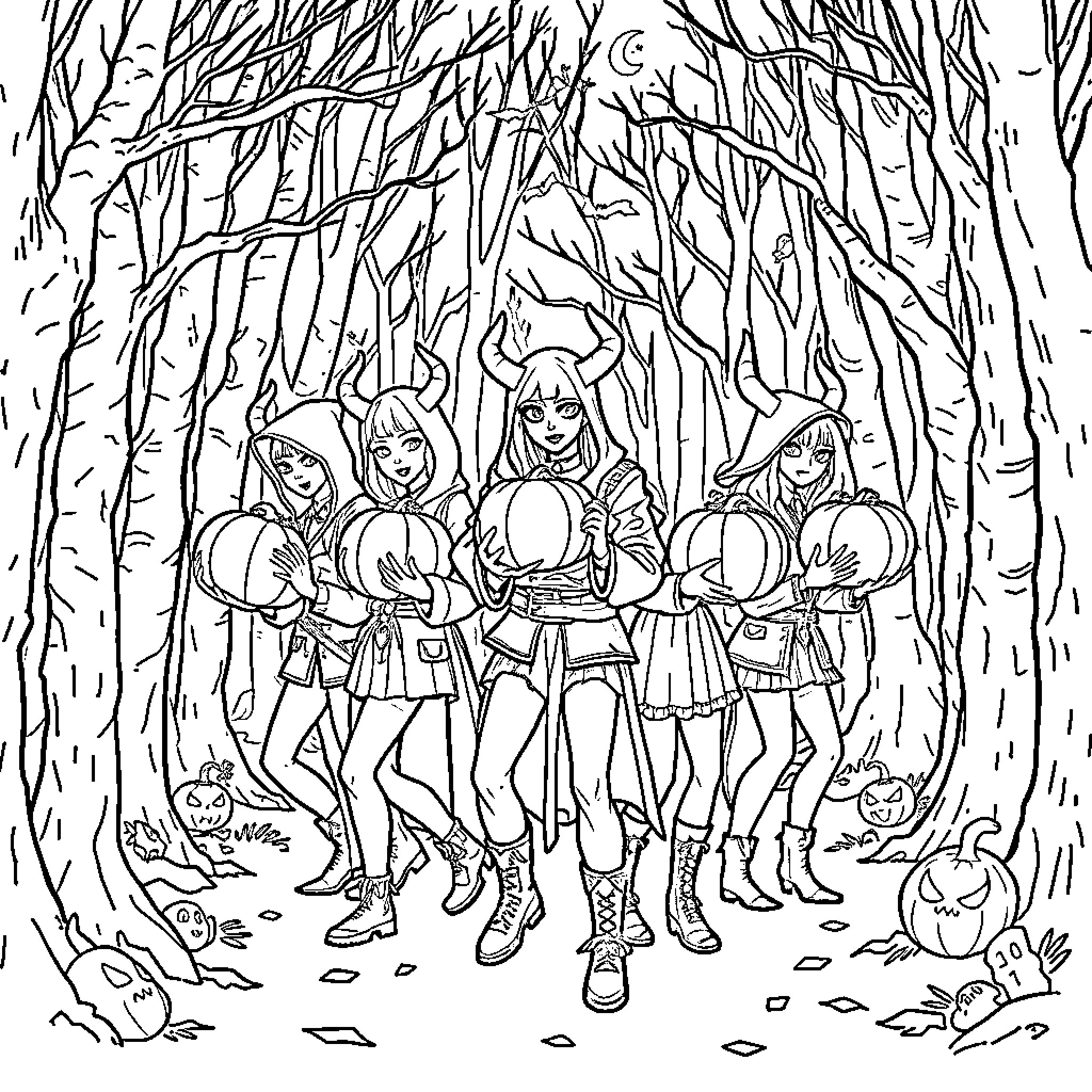 Demon Hunters Stalking Through the Mysterious Forest Coloring Page (free black-and-white line drawing printable PDF for all, from beginners to advanced learners, including children, teens, adults, and seniors)