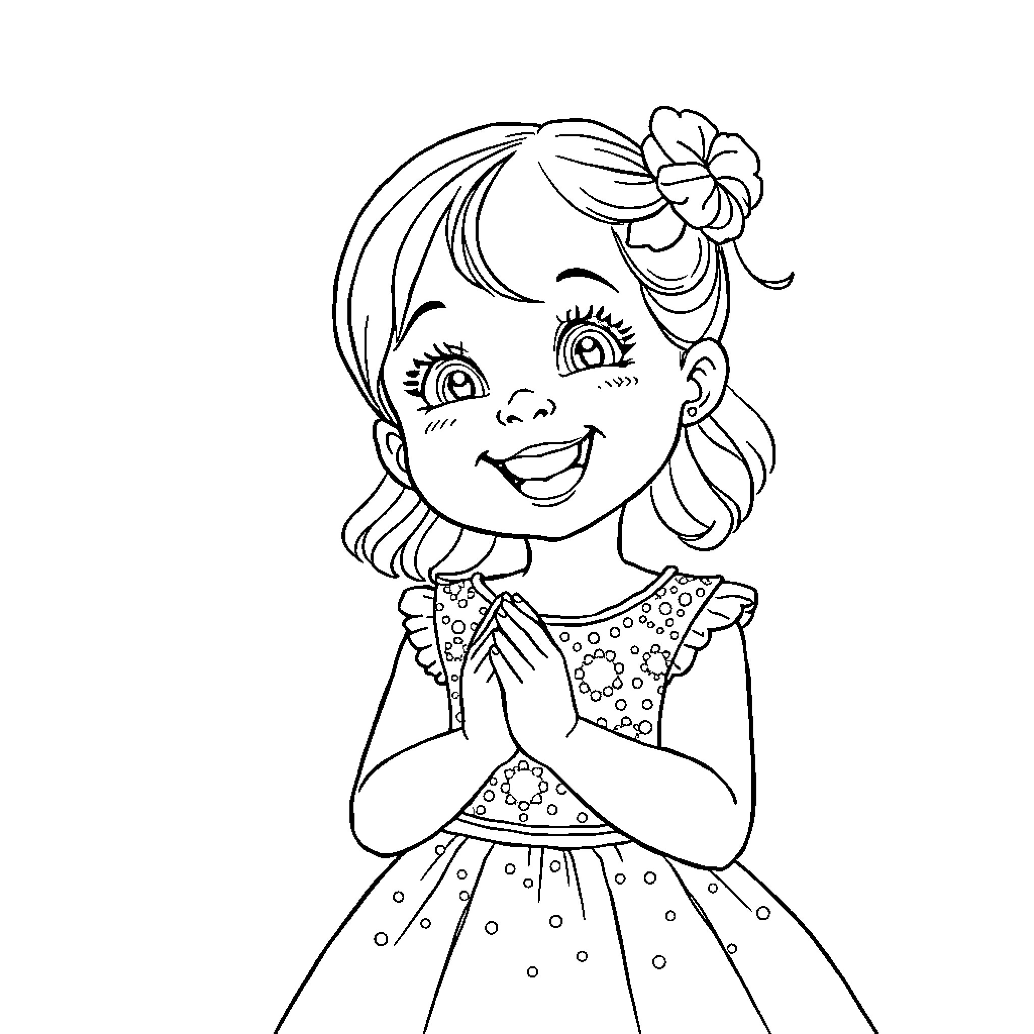 Girl in Cheerful Polka Dot Dress Coloring Page (free black-and-white line drawing printable PDF for all, from beginners to advanced learners, including children, teens, adults, and seniors)