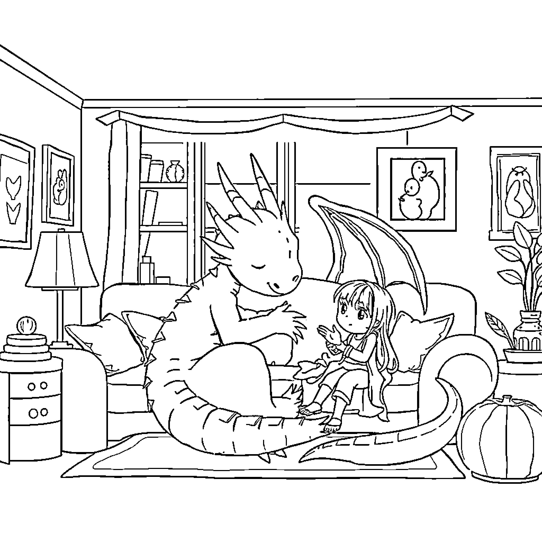 Dragon and child bonding in cozy room Coloring Page (free black-and-white line drawing printable PDF for all, from beginners to advanced learners, including children, teens, adults, and seniors)