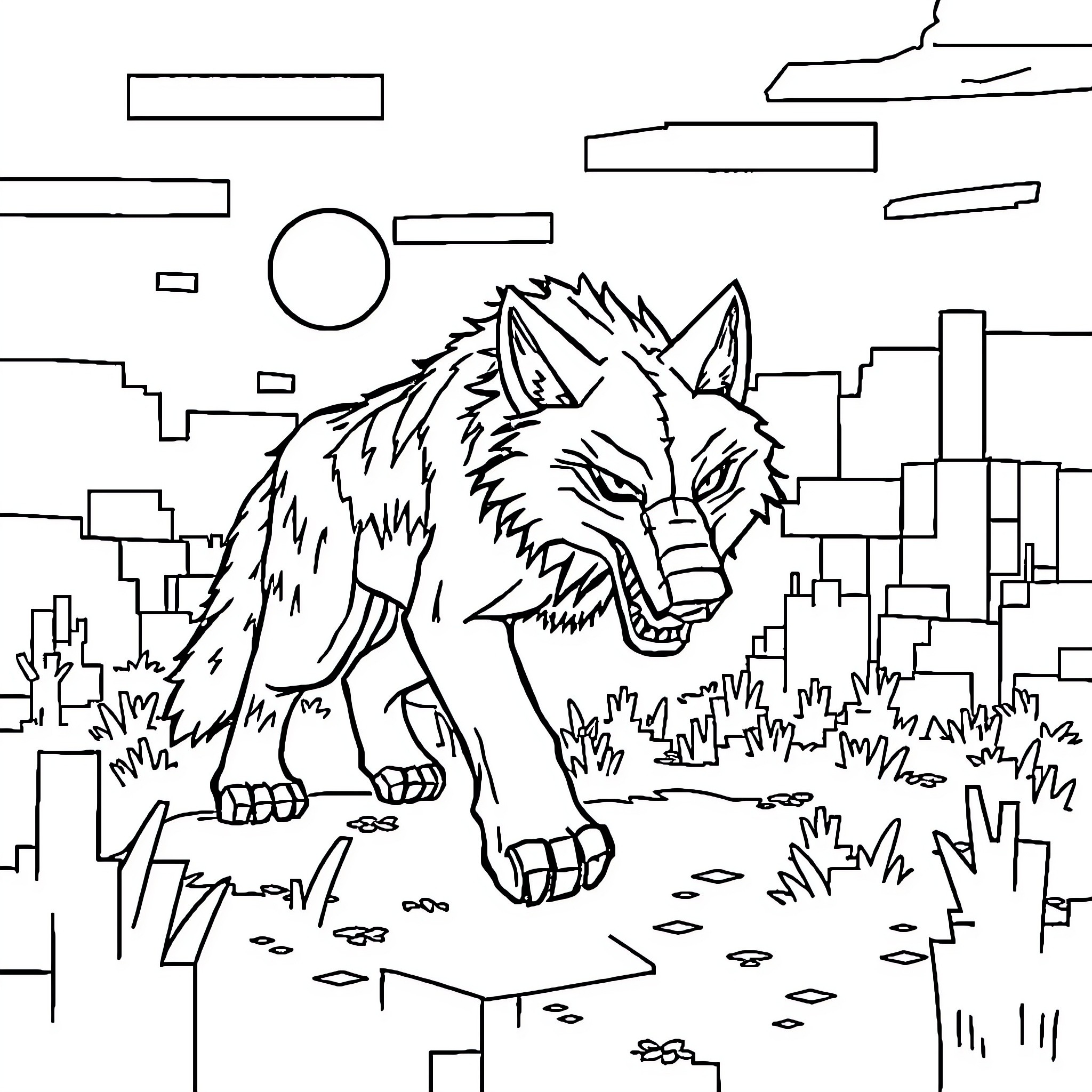 Werewolf stalking through the urban ruins Coloring Page (free black-and-white line drawing printable PDF for all, from beginners to advanced learners, including children, teens, adults, and seniors)