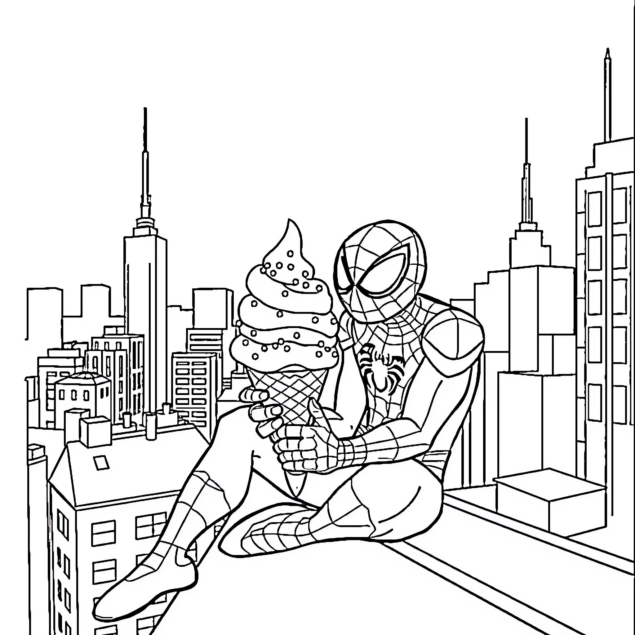 Spiderman enjoying an ice cream treat in the city Coloring Page (free black-and-white line drawing printable PDF for all, from beginners to advanced learners, including children, teens, adults, and seniors)