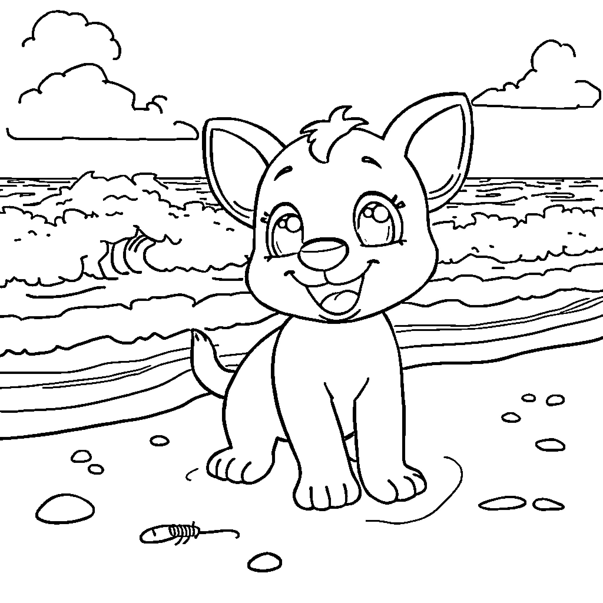 Bluey's Beachside Adventure Coloring Page (free black-and-white line drawing printable PDF for all, from beginners to advanced learners, including children, teens, adults, and seniors)