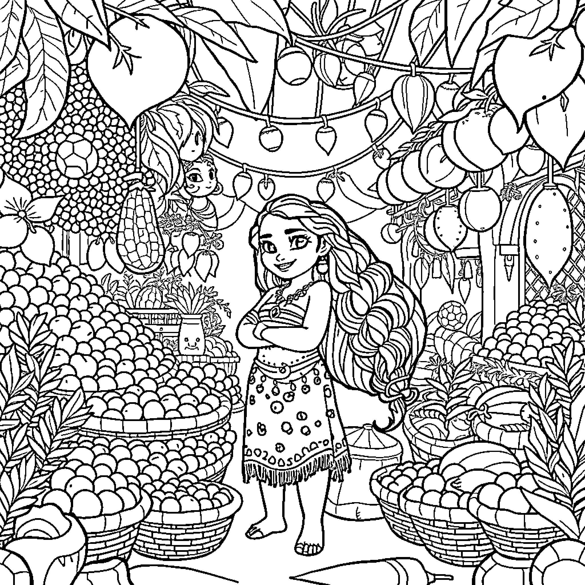 Moana exploring the bountiful tropical garden Coloring Page (free black-and-white line drawing printable PDF for all, from beginners to advanced learners, including children, teens, adults, and seniors)