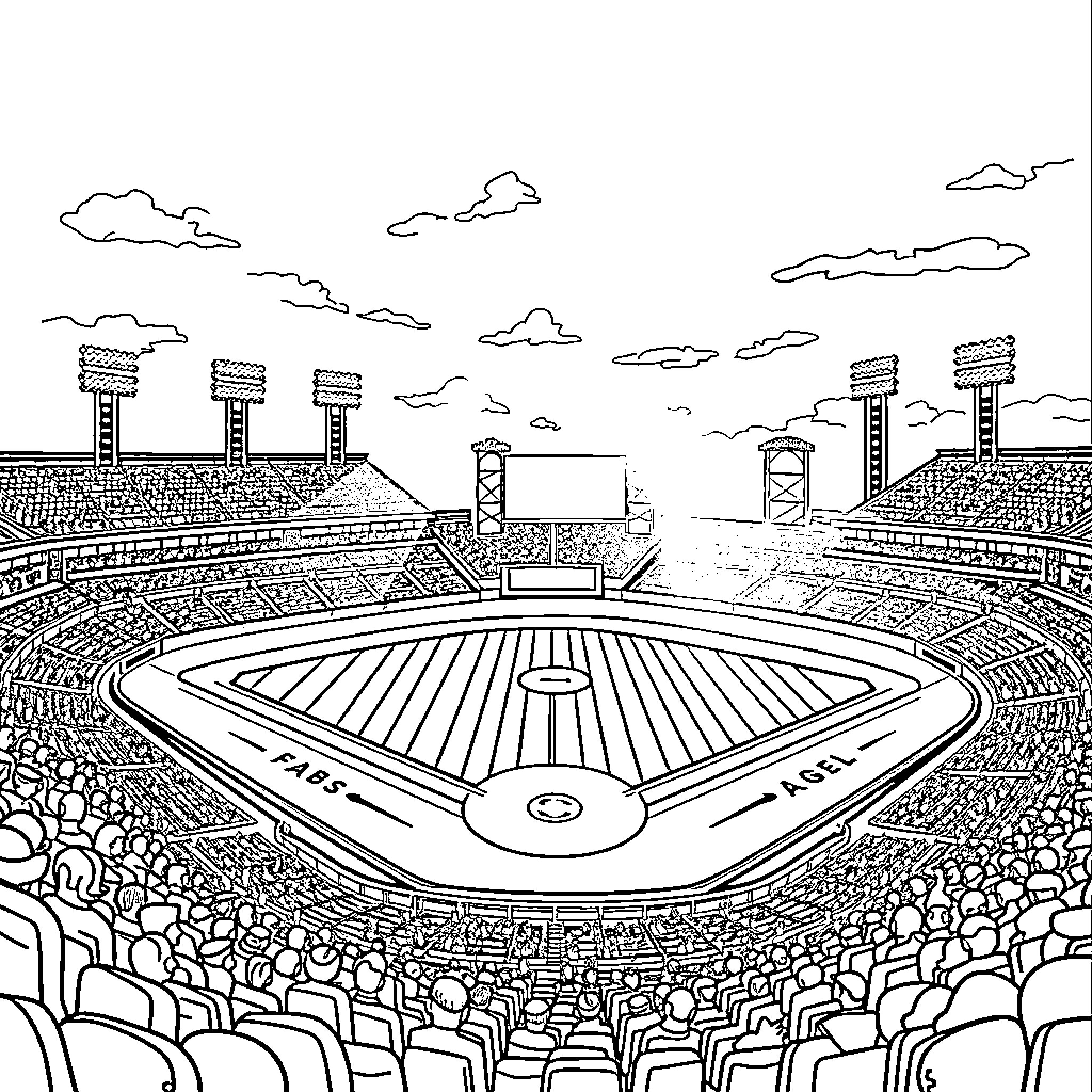 Stadium filled with excited spectators Coloring Page (free black-and-white line drawing printable PDF for all, from beginners to advanced learners, including children, teens, adults, and seniors)