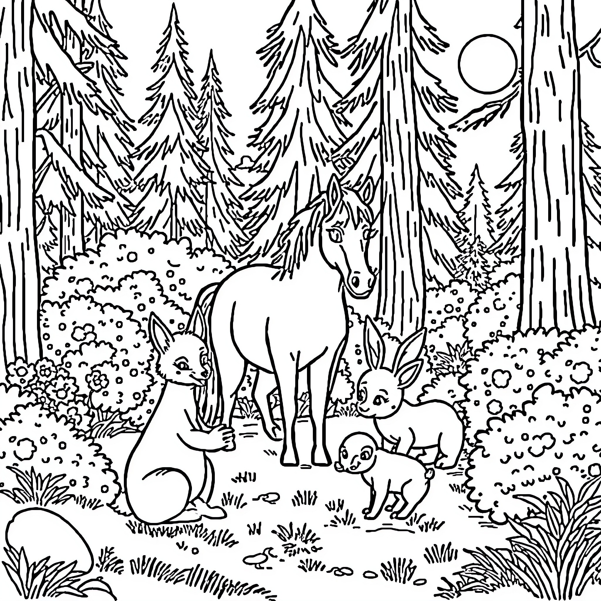 Animal family in forest landscape Coloring Page (free black-and-white line drawing printable PDF for all, from beginners to advanced learners, including children, teens, adults, and seniors)