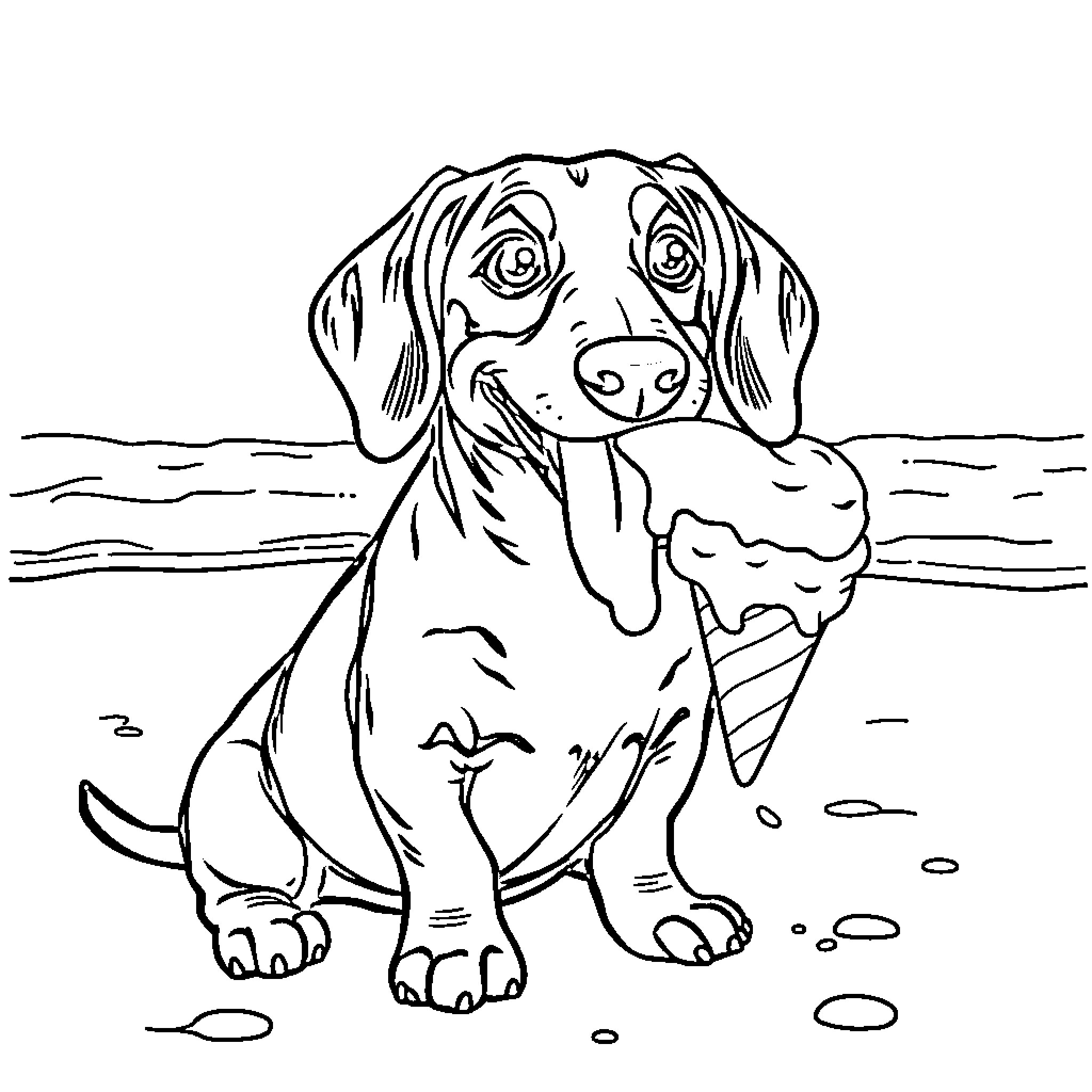 Wiener Dog Playing Happily on the Beach Coloring Page (free black-and-white line drawing printable PDF for all, from beginners to advanced learners, including children, teens, adults, and seniors)