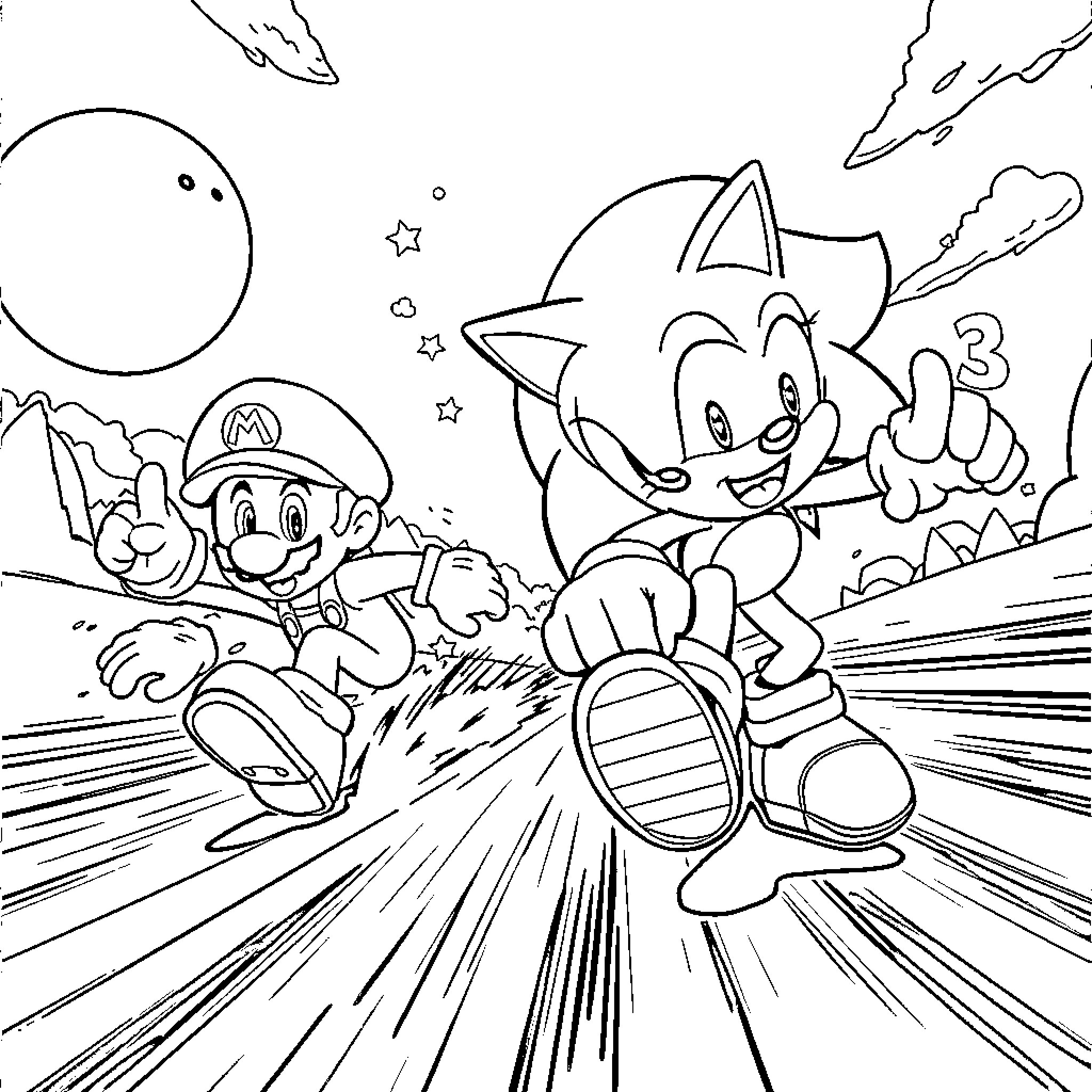 Sonic and Mario in a dynamic adventure scene Coloring Page (free black-and-white line drawing printable PDF for all, from beginners to advanced learners, including children, teens, adults, and seniors)