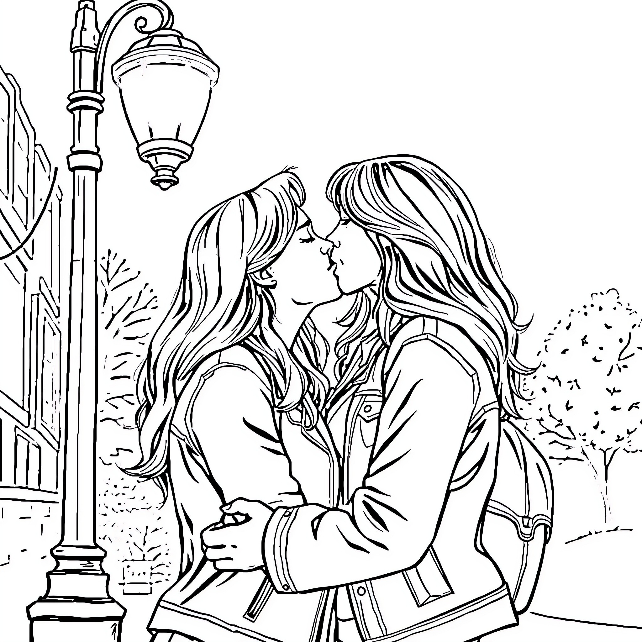 Bea Smith's romantic encounter in a cozy street setting Coloring Page (free black-and-white line drawing printable PDF for all, from beginners to advanced learners, including children, teens, adults, and seniors)