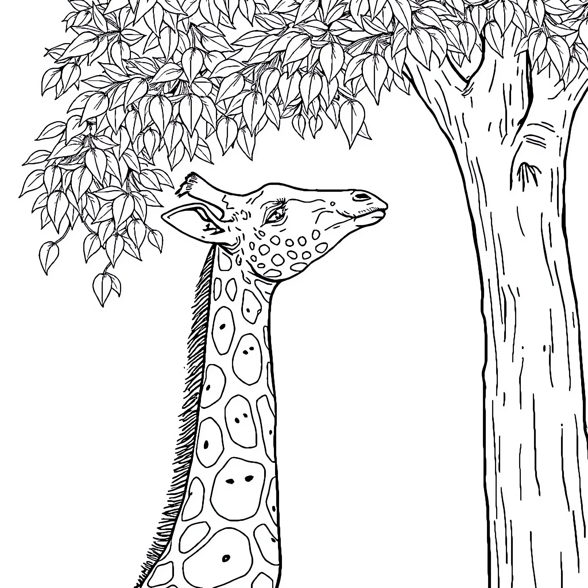 Giraffe peeking through lush foliage Coloring Page (free black-and-white line drawing printable PDF for all, from beginners to advanced learners, including children, teens, adults, and seniors)