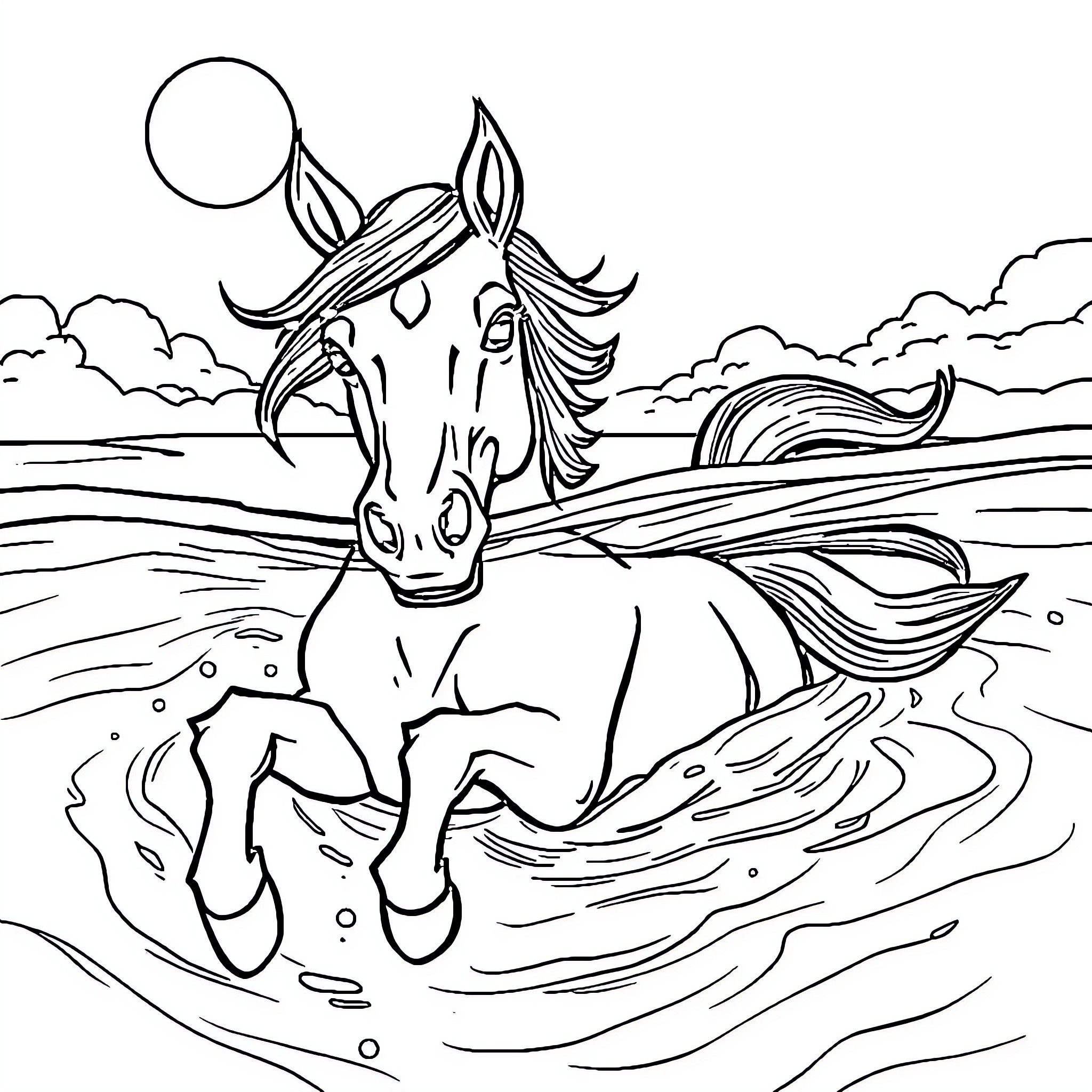 Spirit of the Wild Horse Frolicking in the Water Coloring Page (free black-and-white line drawing printable PDF for all, from beginners to advanced learners, including children, teens, adults, and seniors)