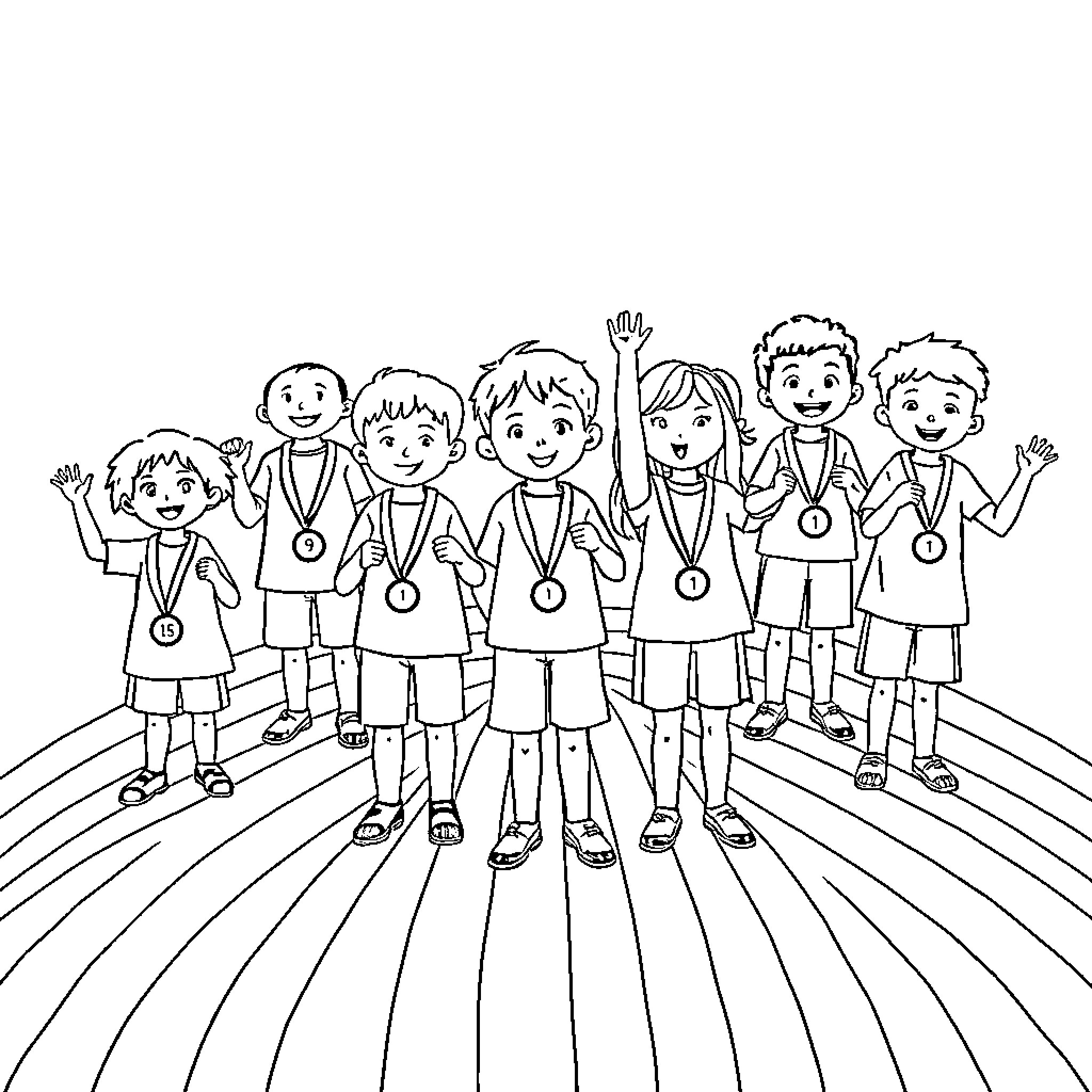 Child Athletes Celebrating with Medals Coloring Page (free black-and-white line drawing printable PDF for all, from beginners to advanced learners, including children, teens, adults, and seniors)