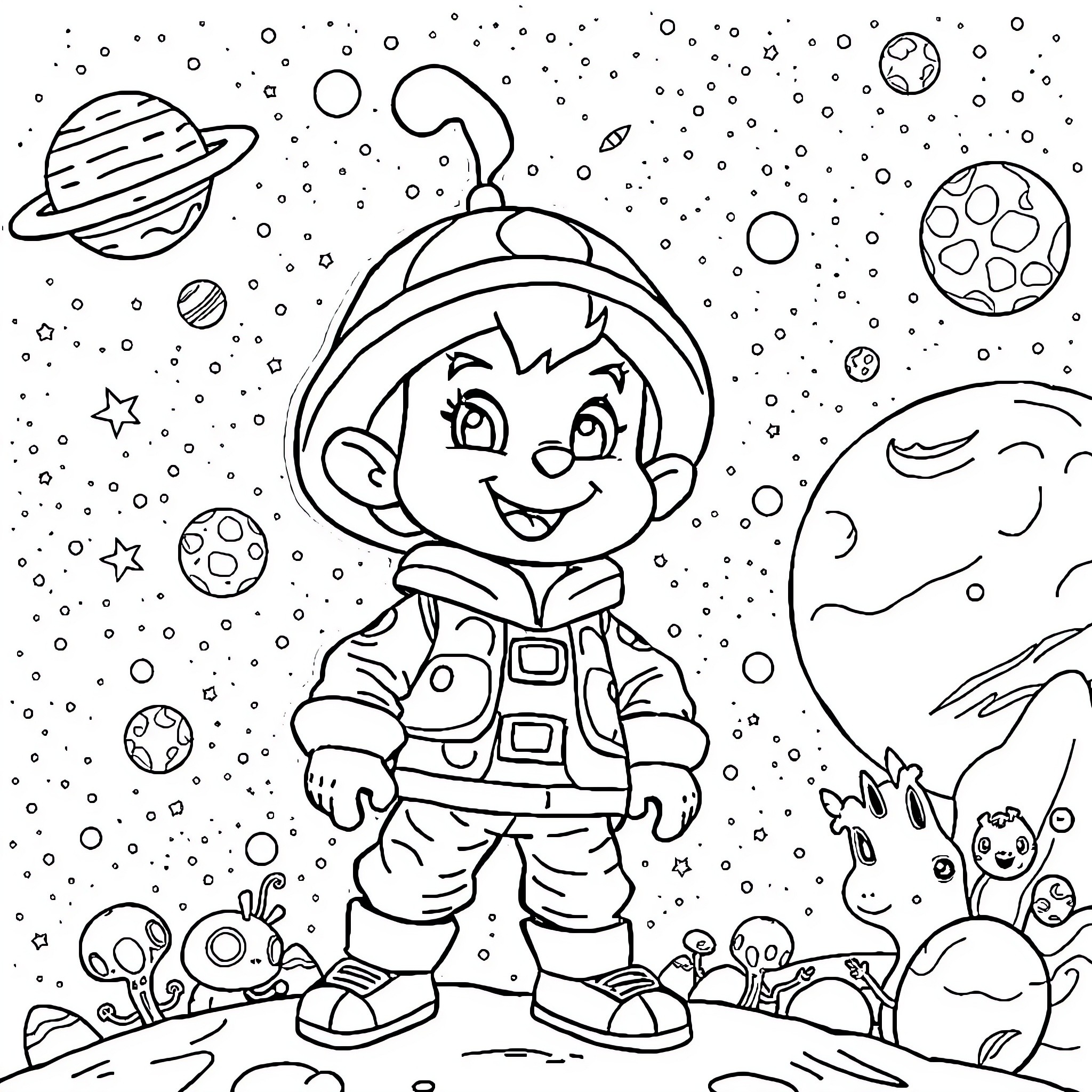 Dandy Astronaut Exploring the Cosmos Coloring Page (free black-and-white line drawing printable PDF for all, from beginners to advanced learners, including children, teens, adults, and seniors)