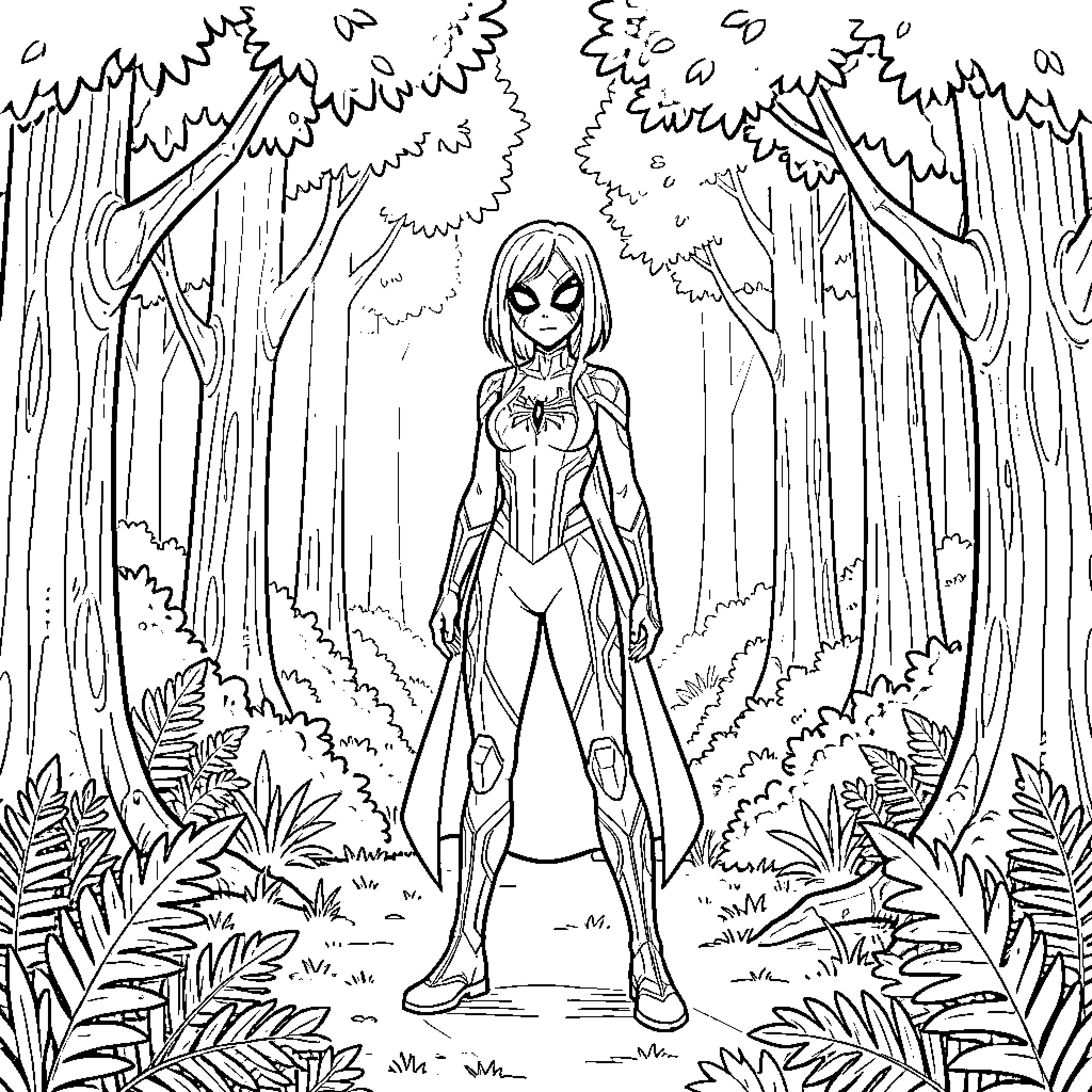 Spider Gwen exploring the mysterious forest Coloring Page (free black-and-white line drawing printable PDF for all, from beginners to advanced learners, including children, teens, adults, and seniors)