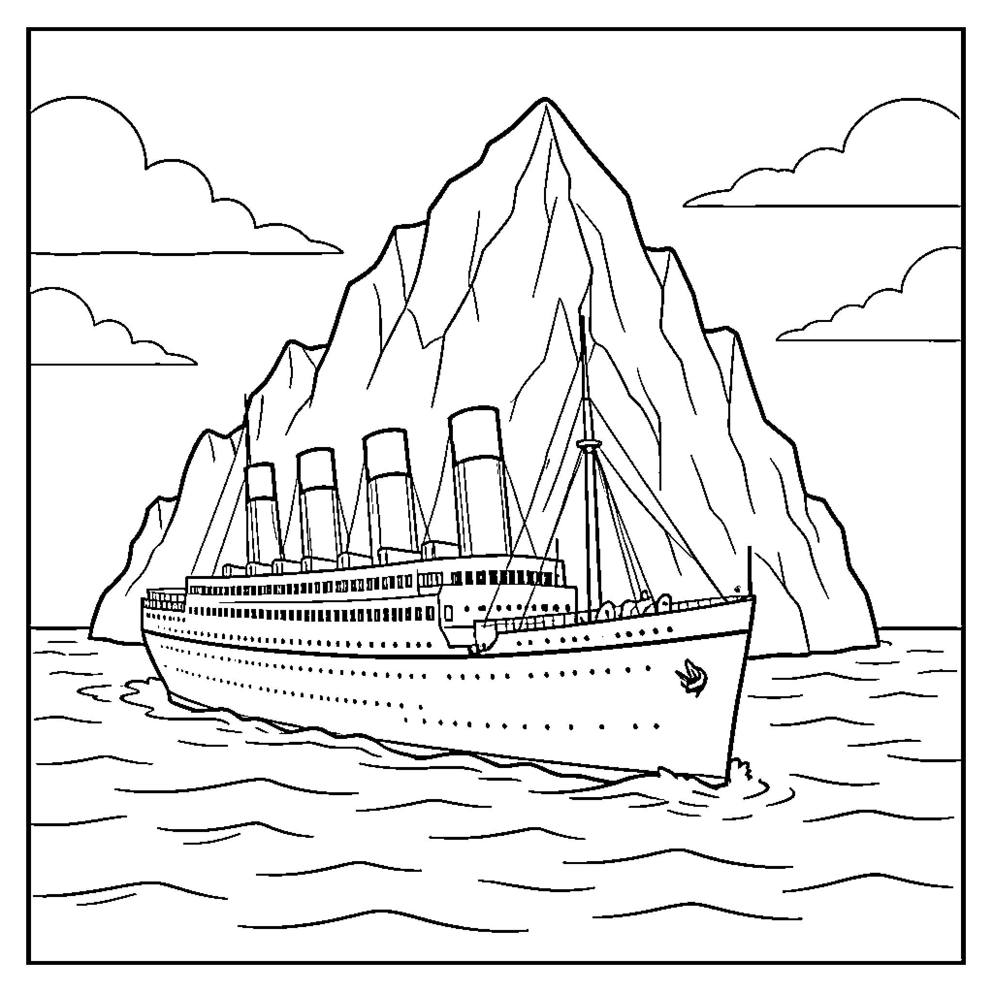 Titanic approaching a massive iceberg in the ocean Coloring Page (free black-and-white line drawing printable PDF for all, from beginners to advanced learners, including children, teens, adults, and seniors)