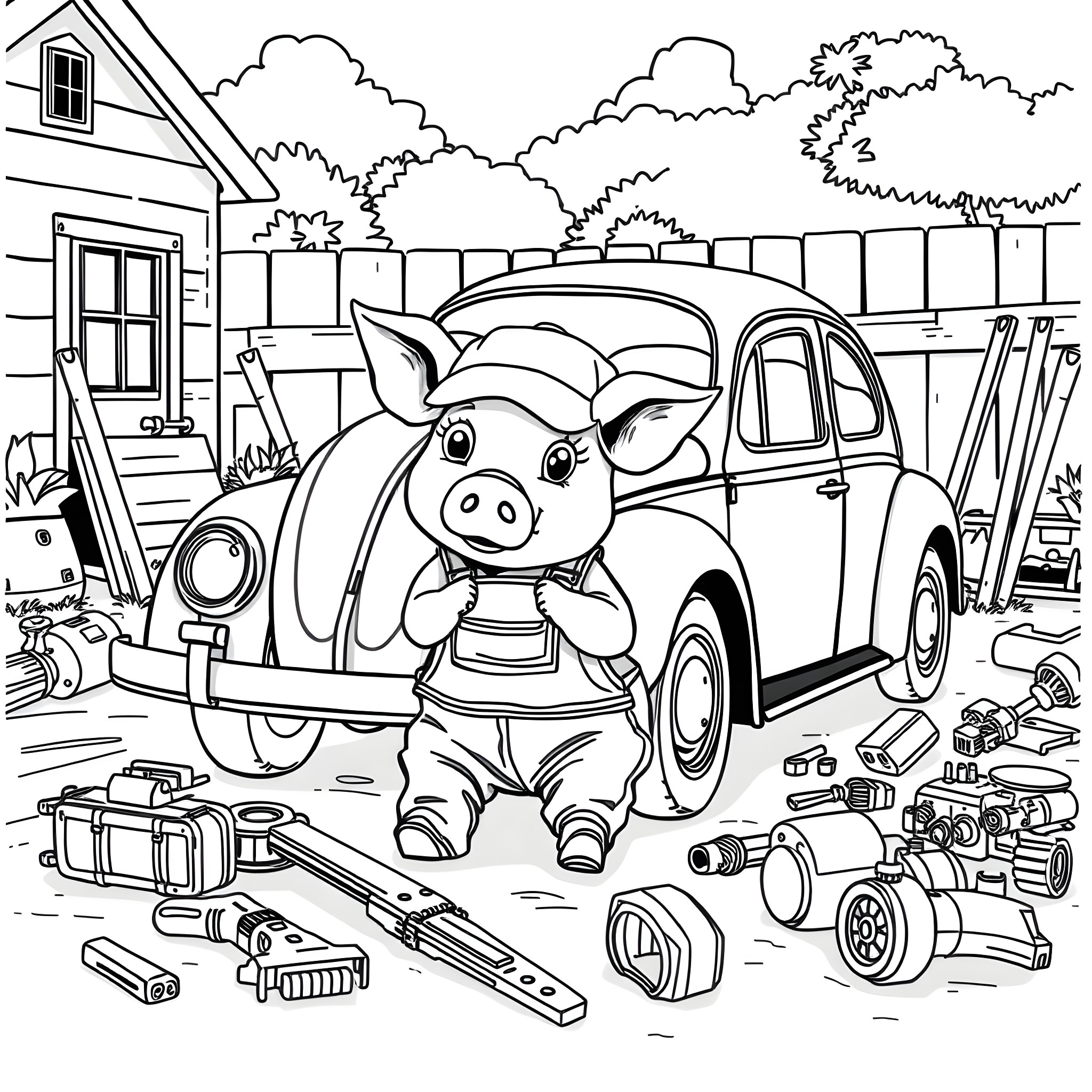 Pig Mechanic Fixing Vintage Car at Countryside Workshop Coloring Page (free black-and-white line drawing printable PDF for all, from beginners to advanced learners, including children, teens, adults, and seniors)