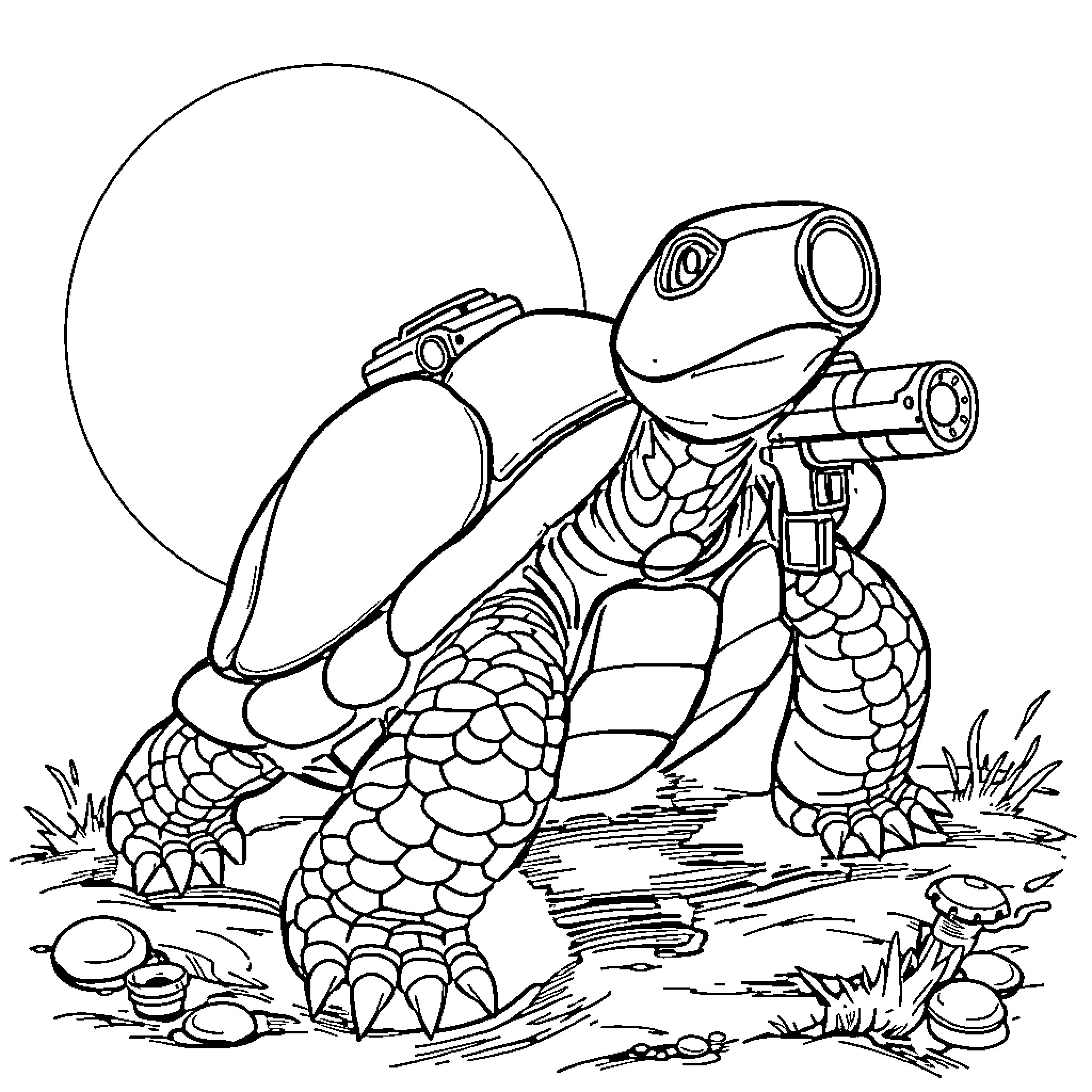 Turtle exploring with binoculars in the nature Coloring Page (free black-and-white line drawing printable PDF for all, from beginners to advanced learners, including children, teens, adults, and seniors)