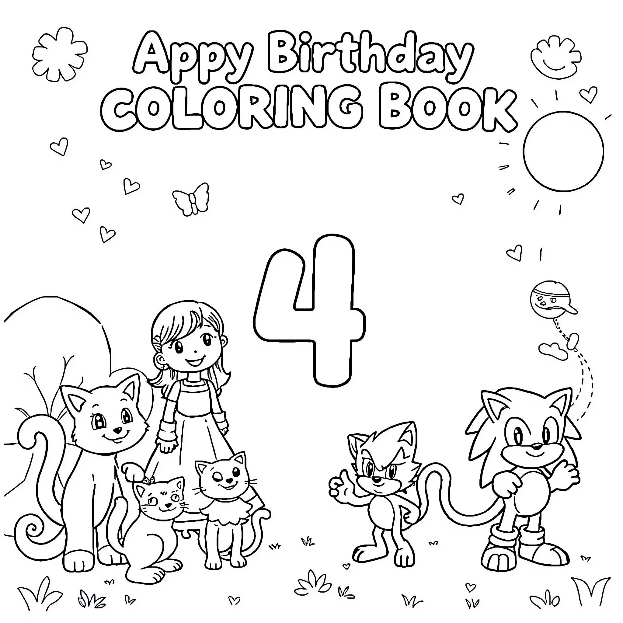 Animal characters in a birthday coloring book Coloring Page (free black-and-white line drawing printable PDF for all, from beginners to advanced learners, including children, teens, adults, and seniors)