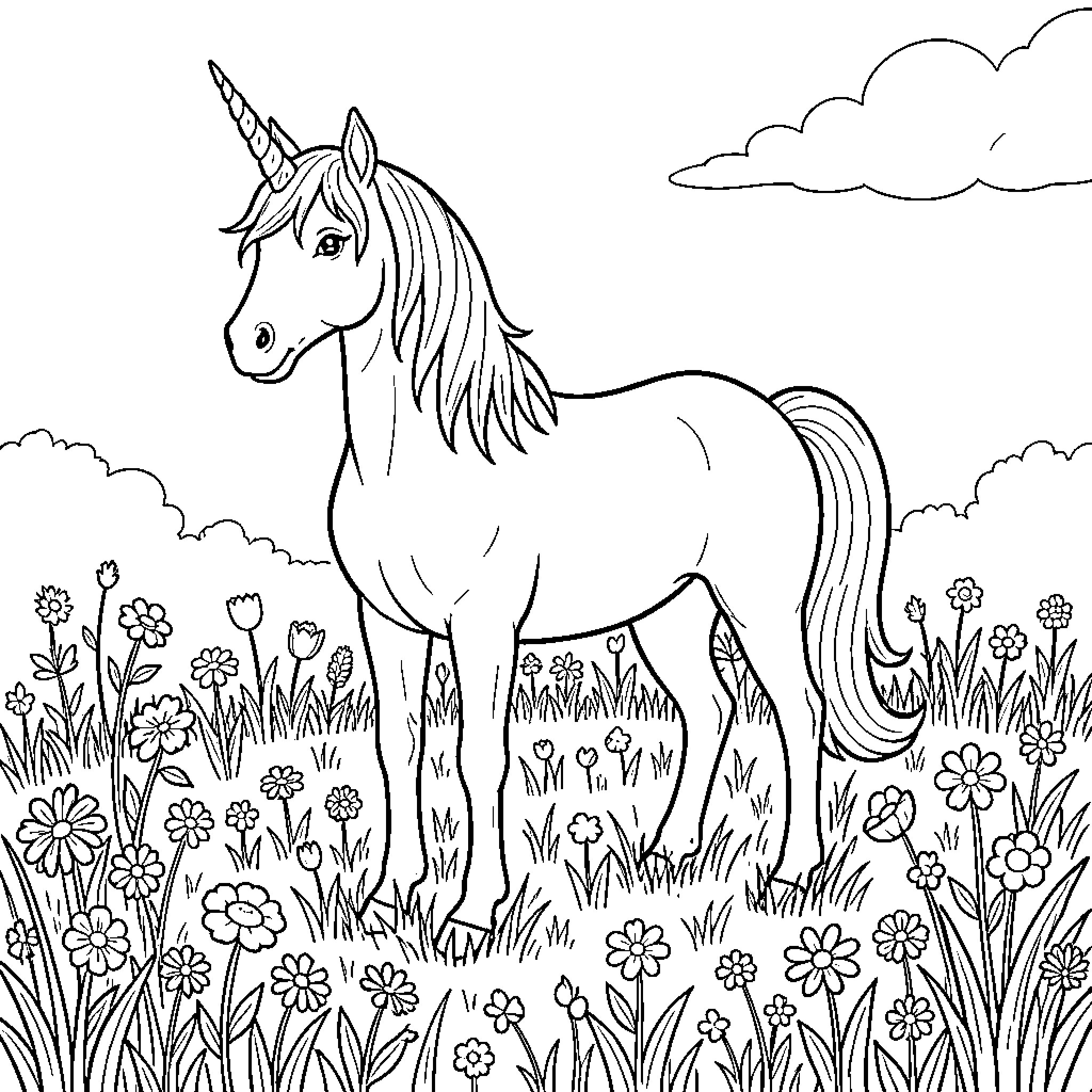 Unicorn standing gracefully in a meadow of flowers Coloring Page (free black-and-white line drawing printable PDF for all, from beginners to advanced learners, including children, teens, adults, and seniors)