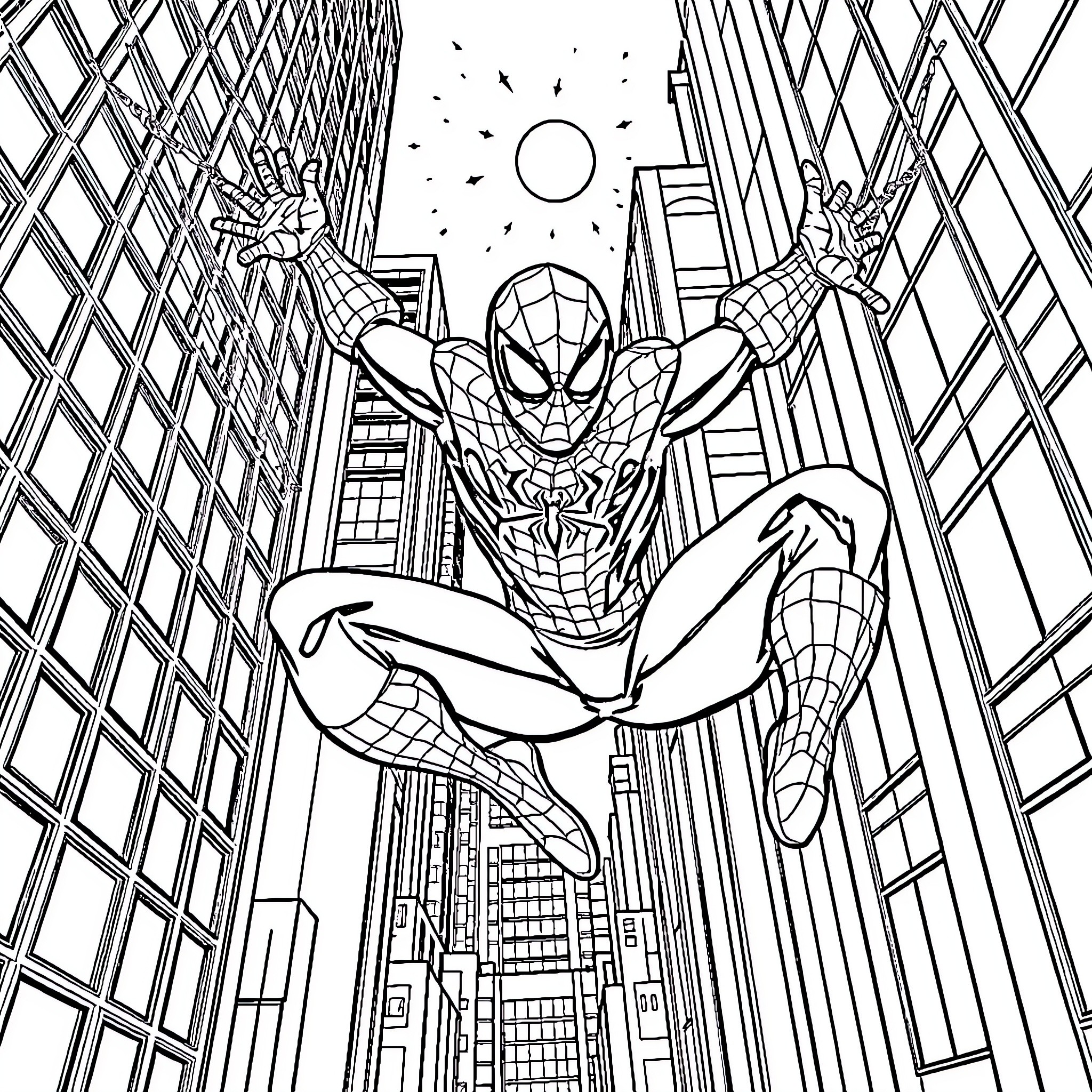 Spiderman swinging through the city skyline Coloring Page (free black-and-white line drawing printable PDF for all, from beginners to advanced learners, including children, teens, adults, and seniors)