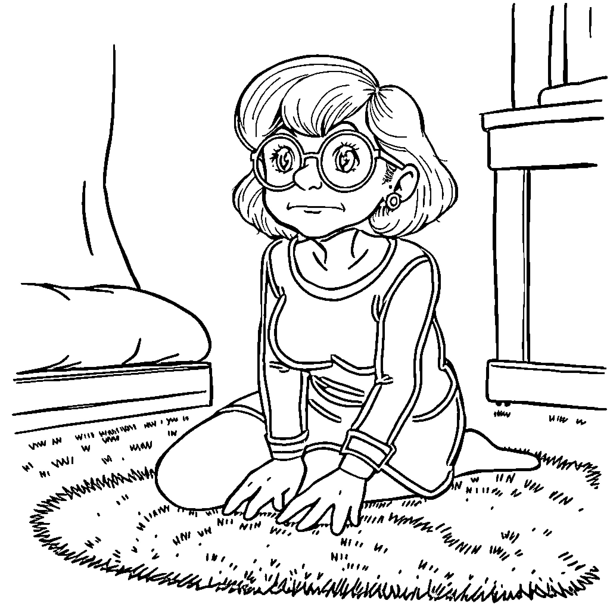 Welma sitting thoughtfully in the room Coloring Page (free black-and-white line drawing printable PDF for all, from beginners to advanced learners, including children, teens, adults, and seniors)