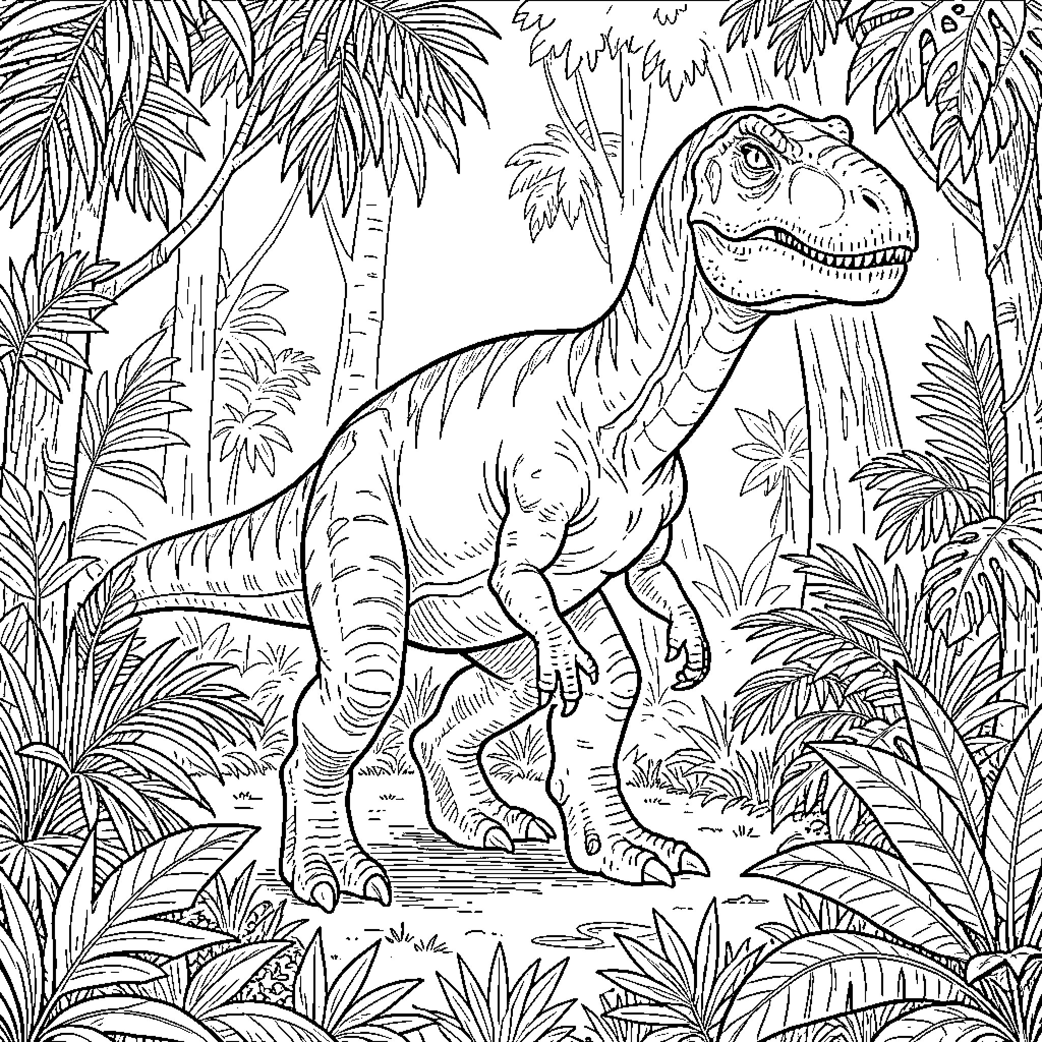 Dinosaur in the Lush Jungle Coloring Page (free black-and-white line drawing printable PDF for all, from beginners to advanced learners, including children, teens, adults, and seniors)
