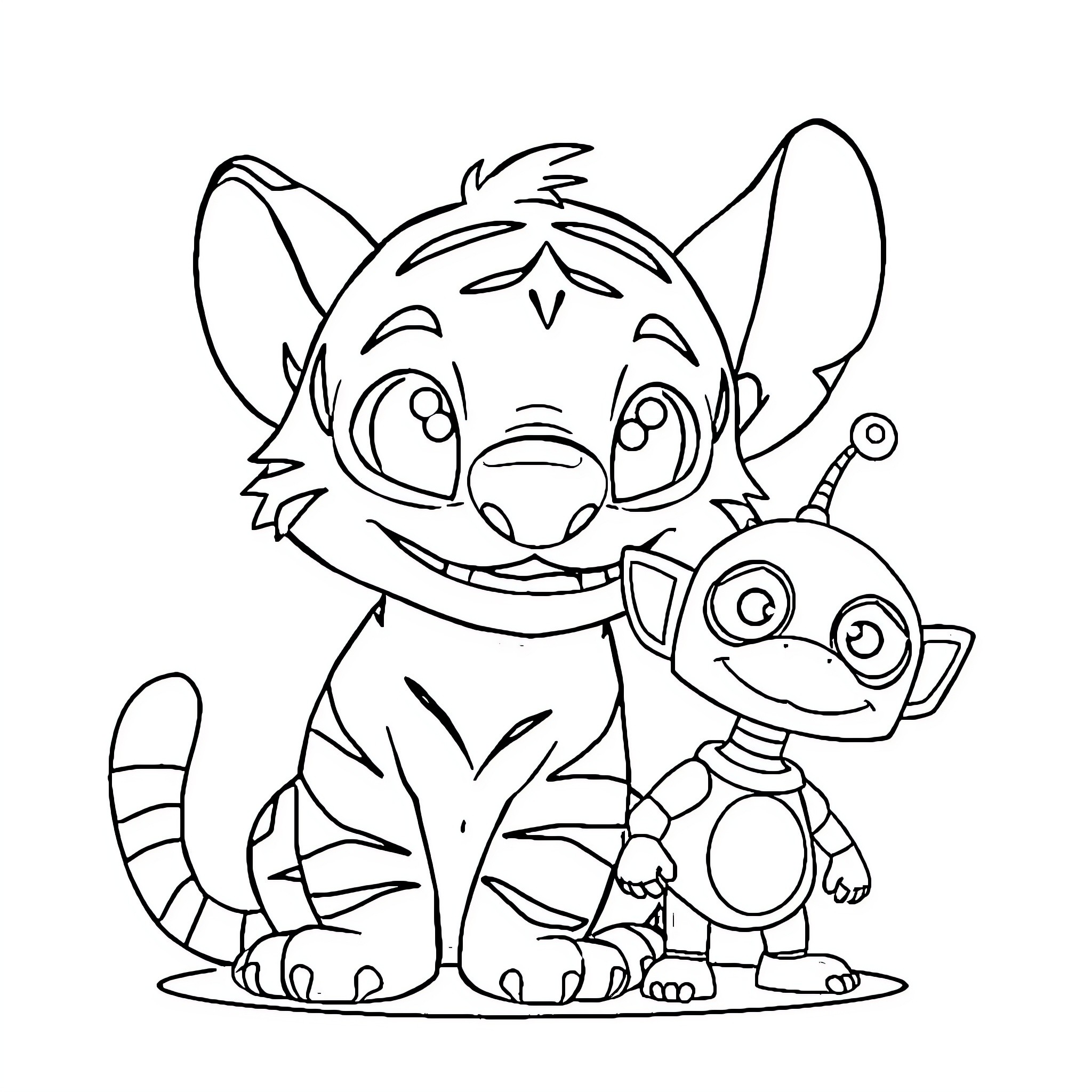 Tiger and Robot Cartoon Characters Coloring Page (free black-and-white line drawing printable PDF for all, from beginners to advanced learners, including children, teens, adults, and seniors)