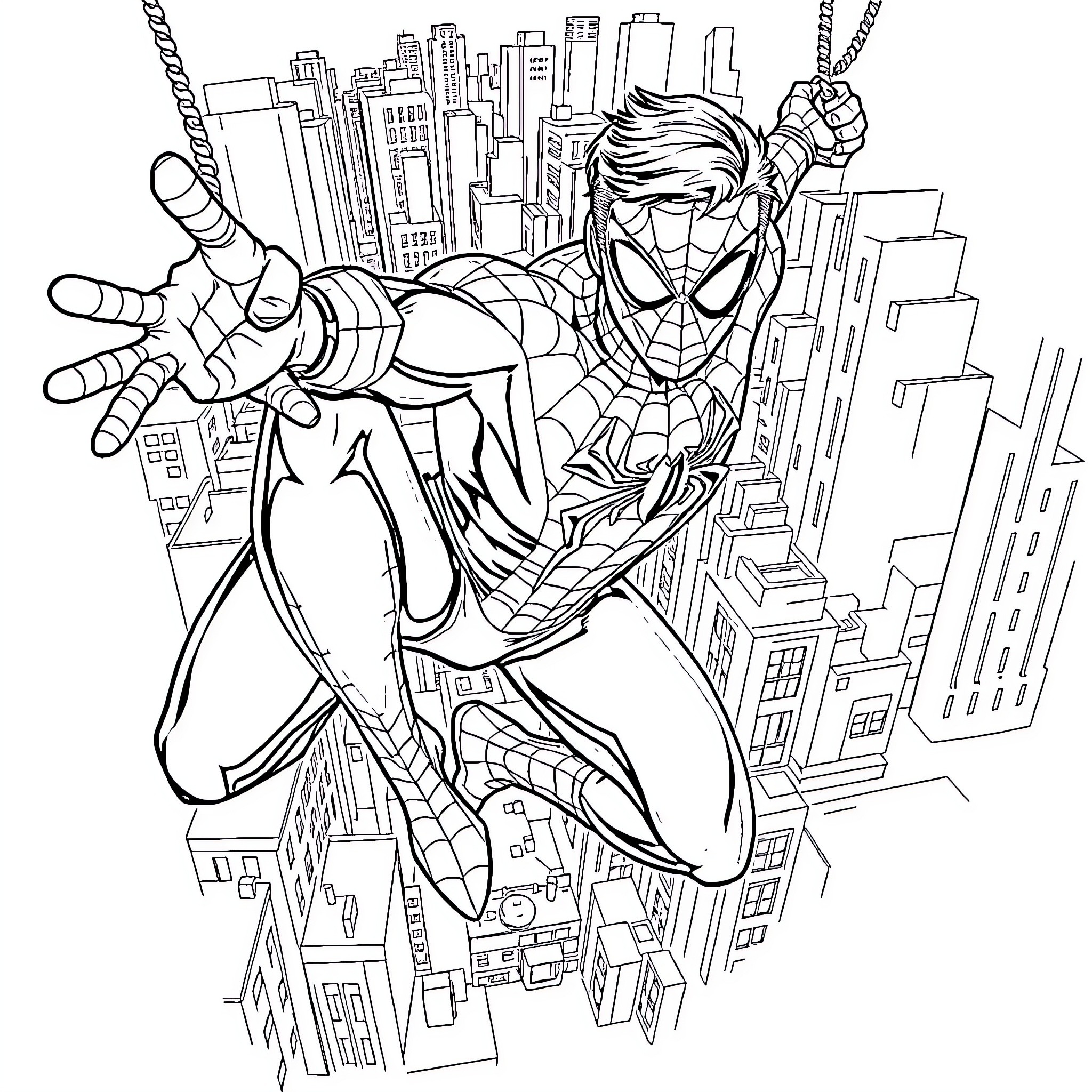 Spiderman swinging through the city skyline Coloring Page (free black-and-white line drawing printable PDF for all, from beginners to advanced learners, including children, teens, adults, and seniors)
