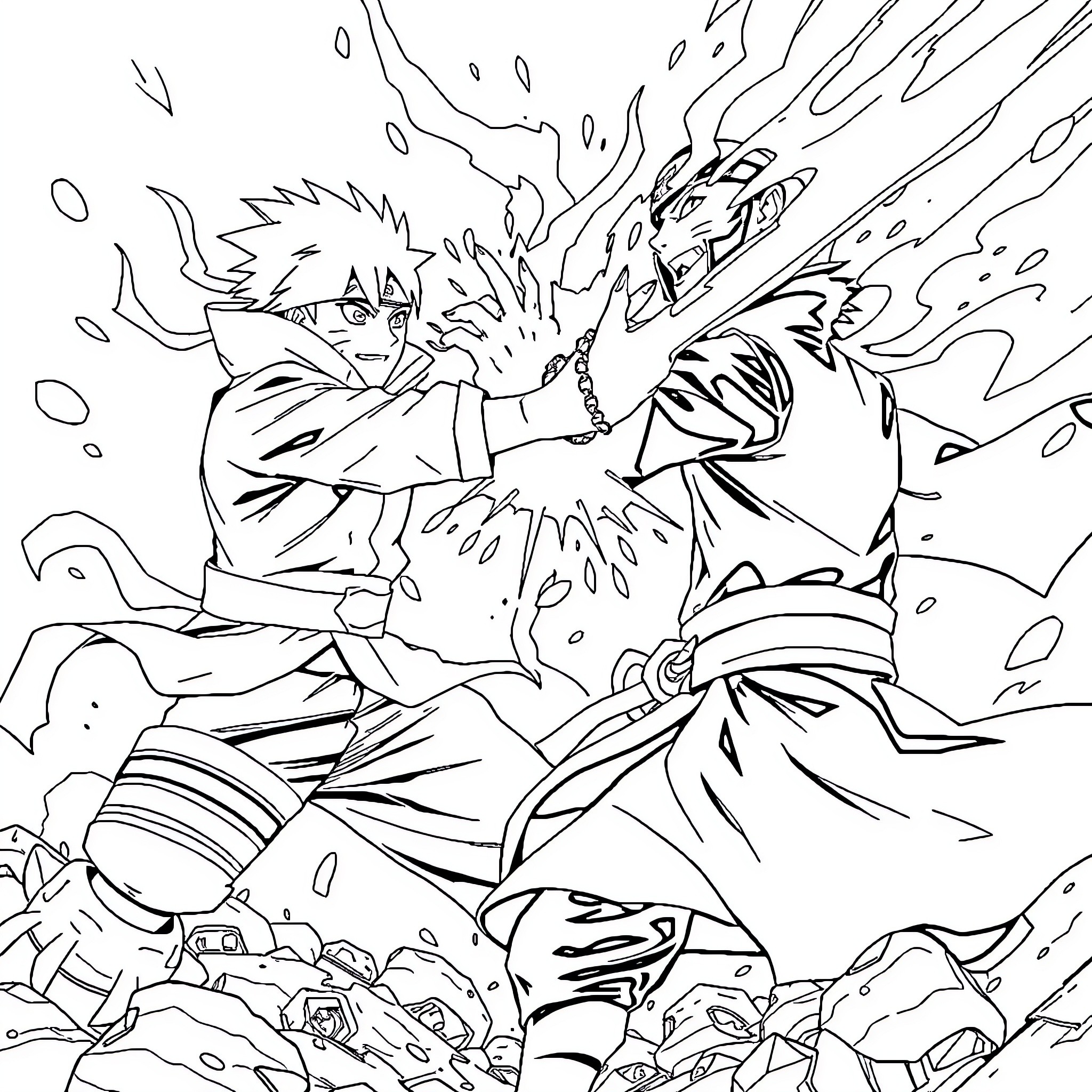 Naruto characters in fierce battle Coloring Page (free black-and-white line drawing printable PDF for all, from beginners to advanced learners, including children, teens, adults, and seniors)