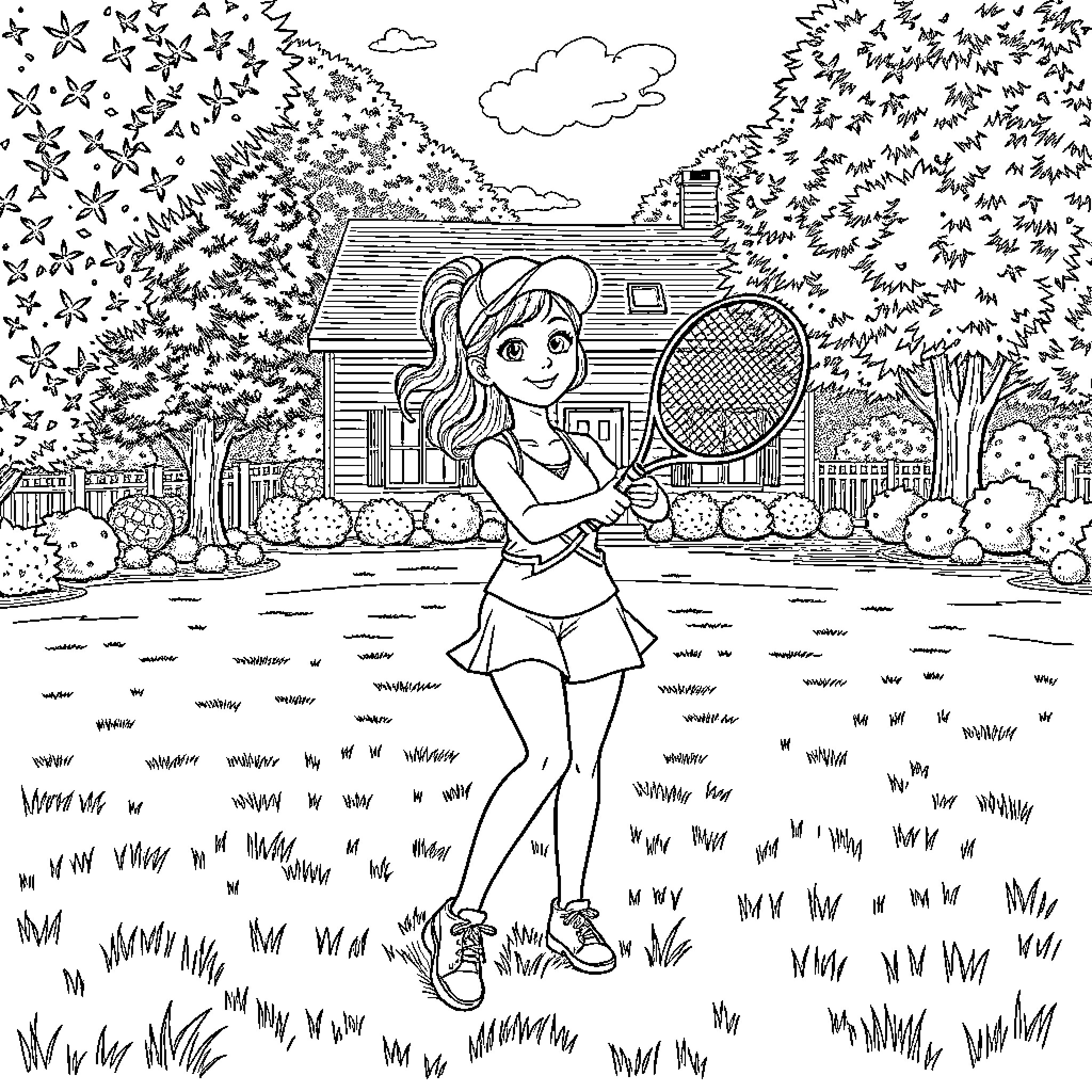 Sheila playing tennis in a sunny garden Coloring Page (free black-and-white line drawing printable PDF for all, from beginners to advanced learners, including children, teens, adults, and seniors)