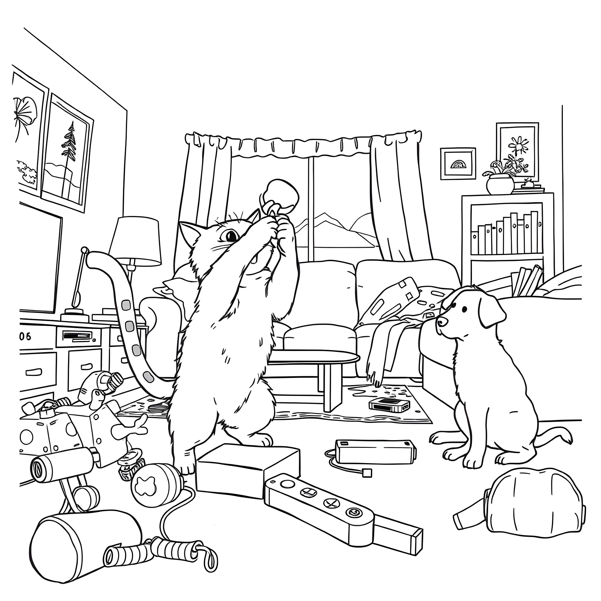 Cat enjoying a cozy indoor space with dog companion Coloring Page (free black-and-white line drawing printable PDF for all, from beginners to advanced learners, including children, teens, adults, and seniors)
